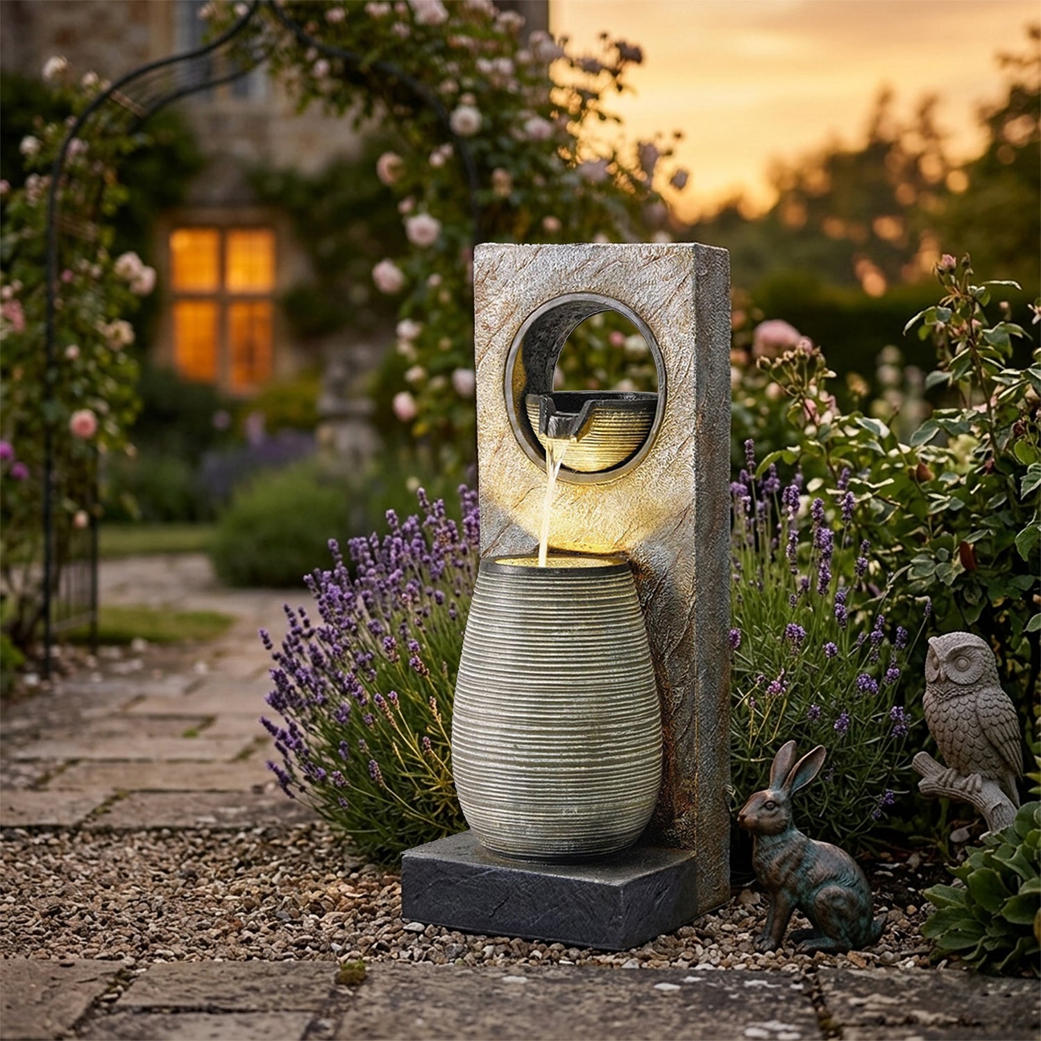 HOMREST 39.7" Water Fountain Outdoor with LED Lights – Resin Garden Fountain for Patio, Poolside, Deck & Indoor Use – Calming Flowing Water Sound for Relaxation – Easy Assembly