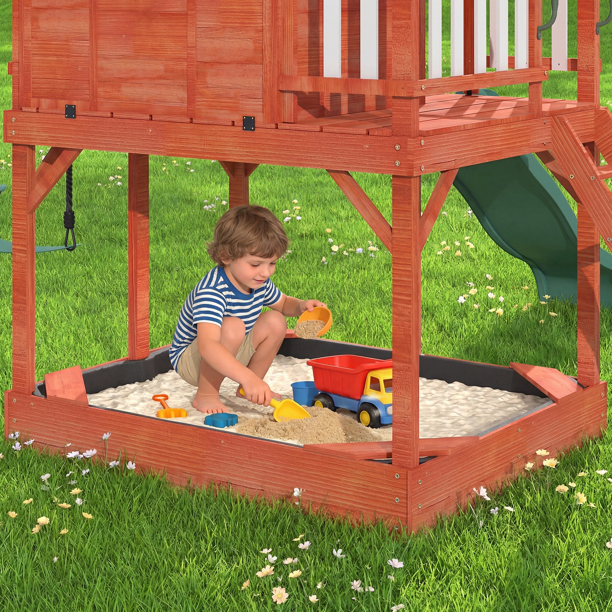 HOMREST Kids Outdoor Wooden Swing Set with Elevated Playhouse, Wave Slide, Belt Swings and Sandbox