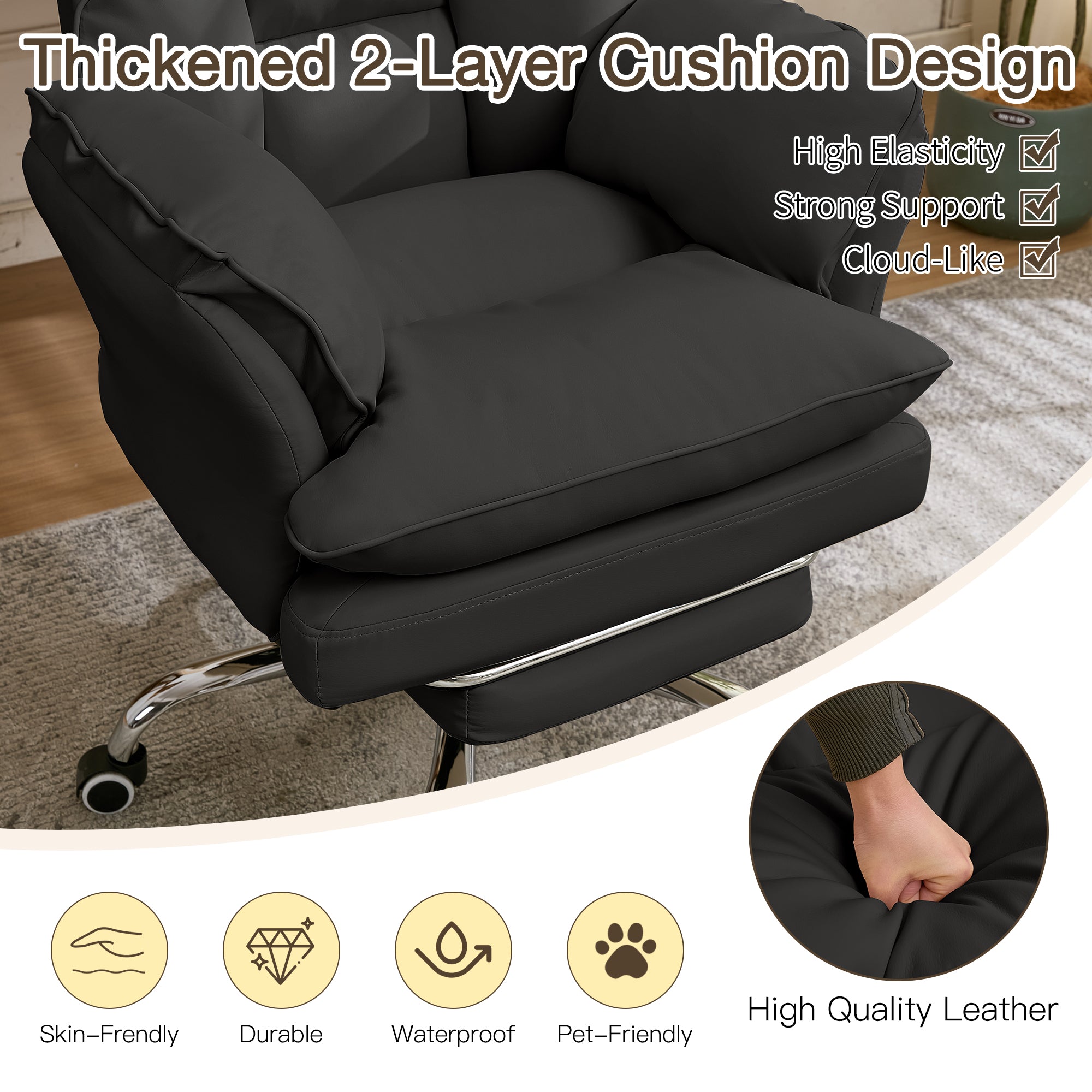 HOMREST Cloud Cross Legged Office Chair with Footrest,Leather Big and Tall Executive Ergonomic Chair,155° Reclining Computer Wide Desk Chair, Black