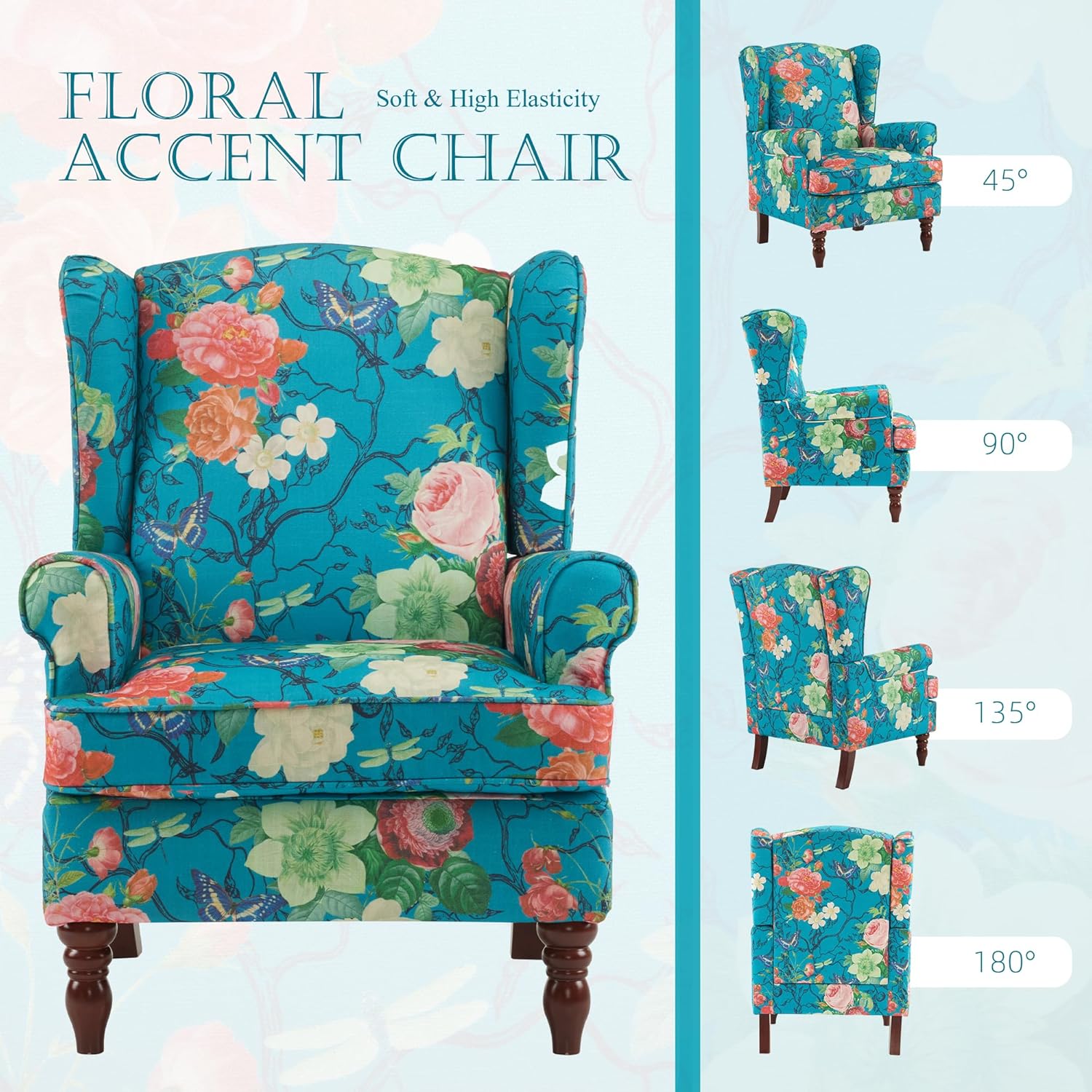 HOMREST Fabric Accent Chair for Living Room Bedroom Reading, Teal Floral