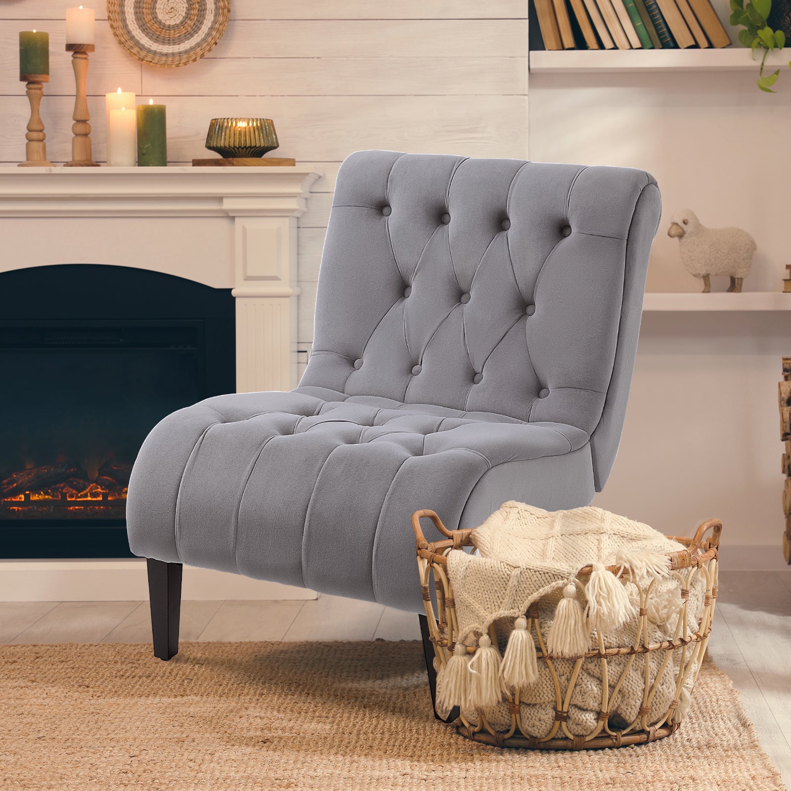 HOMREST Armless Accent Chair, Upholstered Button Tufted Living Room Chairs with Wood Legs, Comfy Frosted Velvet Lounge Chair Reading Chair for Bedroom, Grey