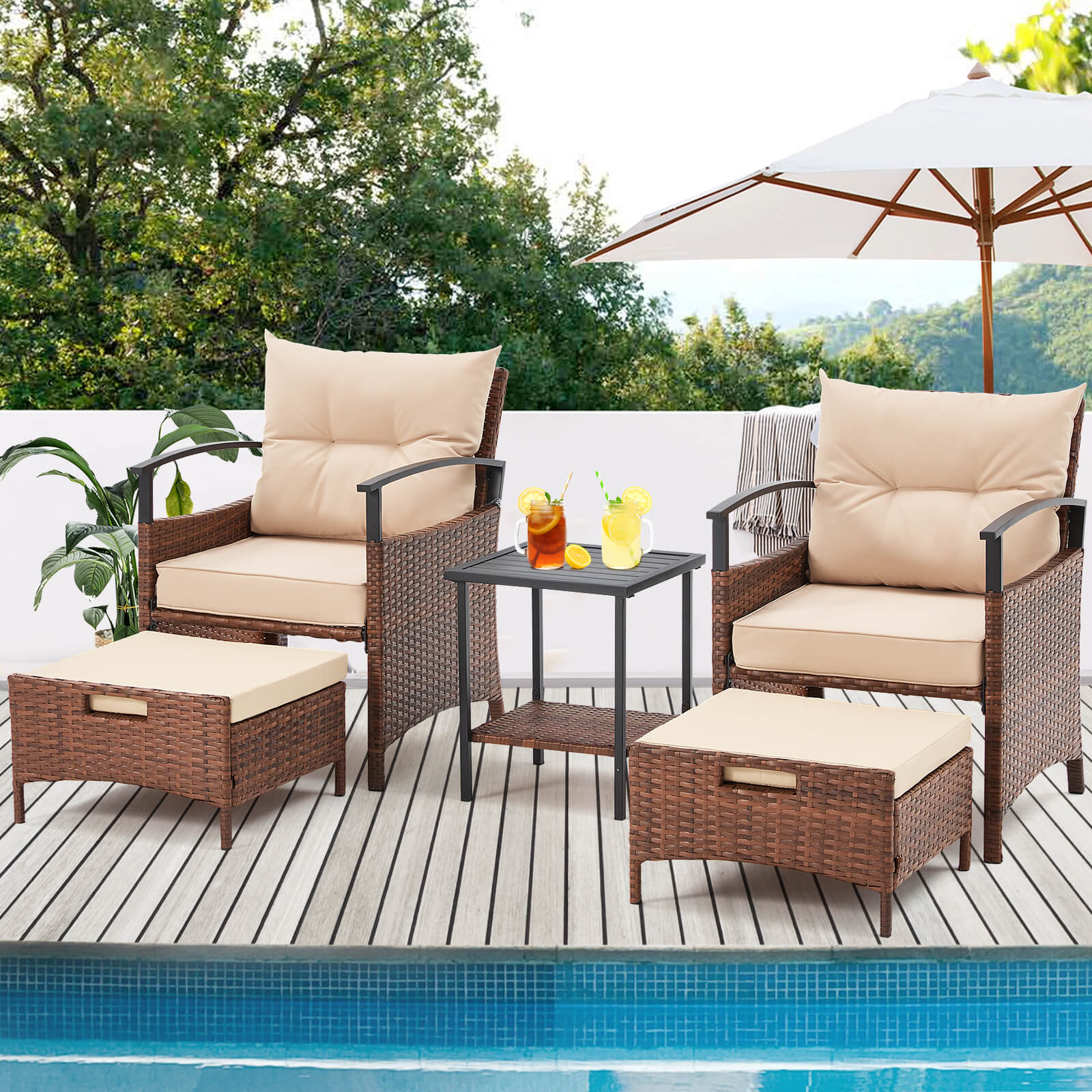 HOMREST 5 Pieces Patio Furniture Set, Outdoor Rattan Chairs with Metal Coffee Table, Ottomans & Soft Cushions, Wicker Conversation Bistro Set, Beige