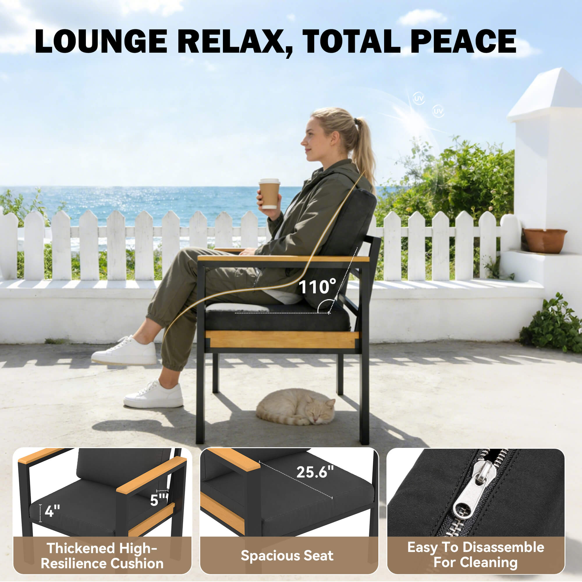 HOMREST 5 Piece Patio Furniture Set, Metal Patio Conversation Set with Coffee Table, All-Weather Outdoor Furniture, Black