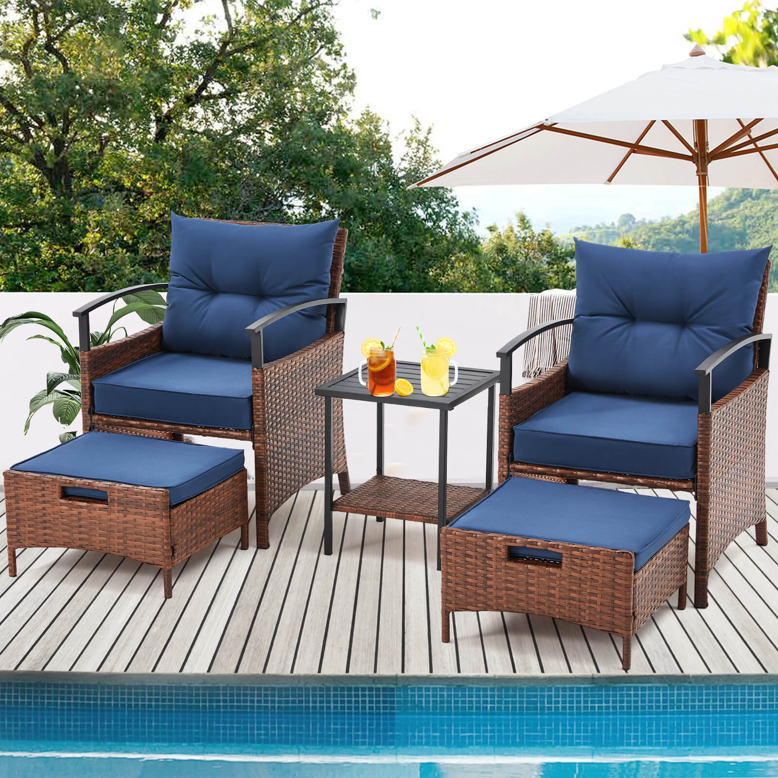 HOMREST 5 Pieces Patio Furniture Set, Outdoor Rattan Chairs with Metal Coffee Table, Ottomans & Soft Cushions, Wicker Conversation Bistro Set, Blue