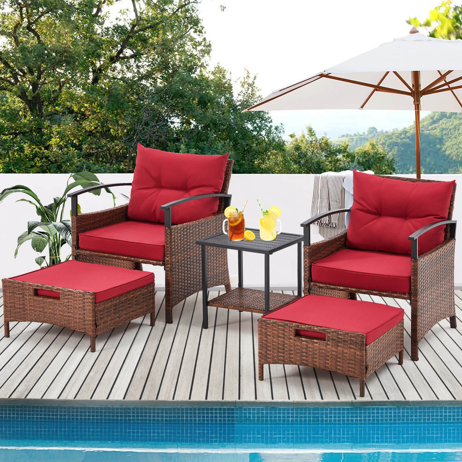 HOMREST 5 Pieces Patio Furniture Set, Outdoor Rattan Chairs with Metal Coffee Table, Ottomans & Soft Cushions, Wicker Conversation Bistro Set for Garden, Porch, Deck, Balcony, Red