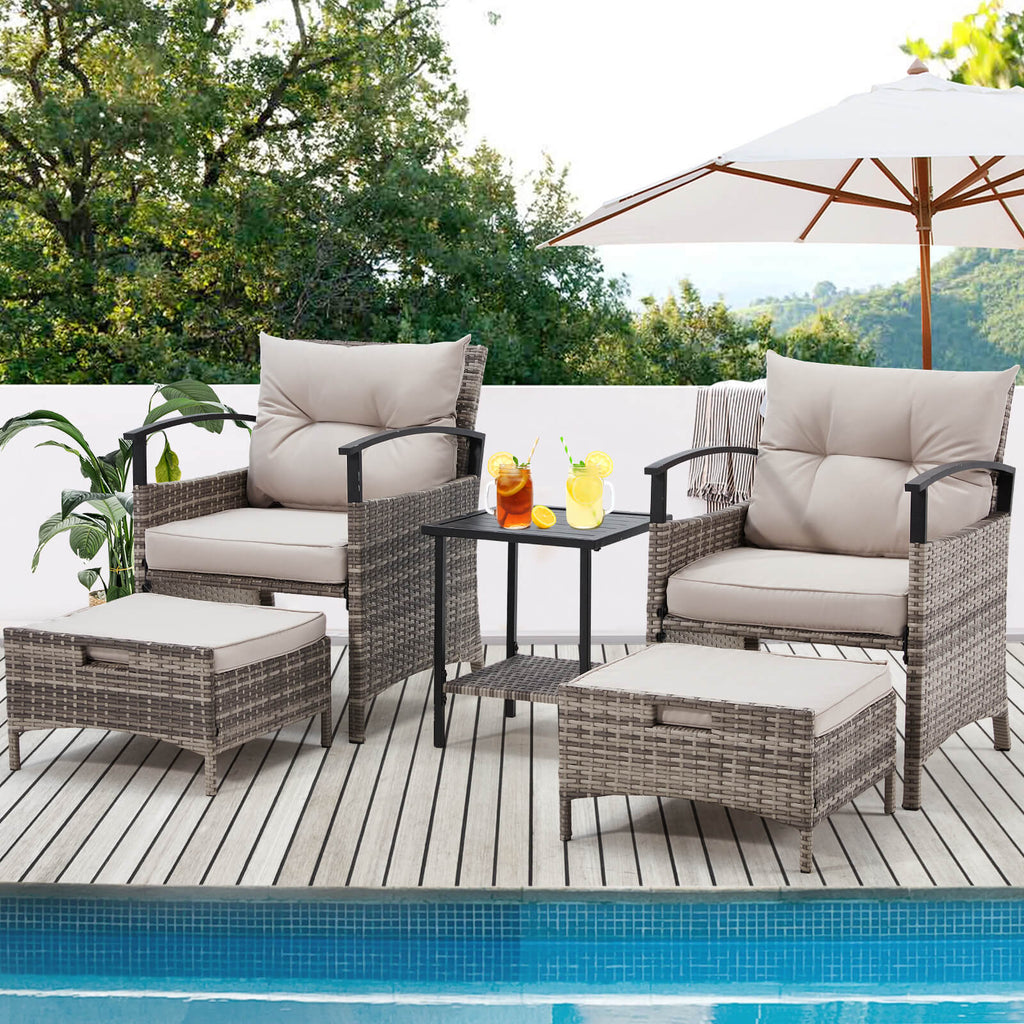 HOMREST 5 Pieces Patio Furniture Set, Outdoor Rattan Chairs with Metal Coffee Table, Ottomans & Soft Cushions, Wicker Conversation Bistro Set, Gray