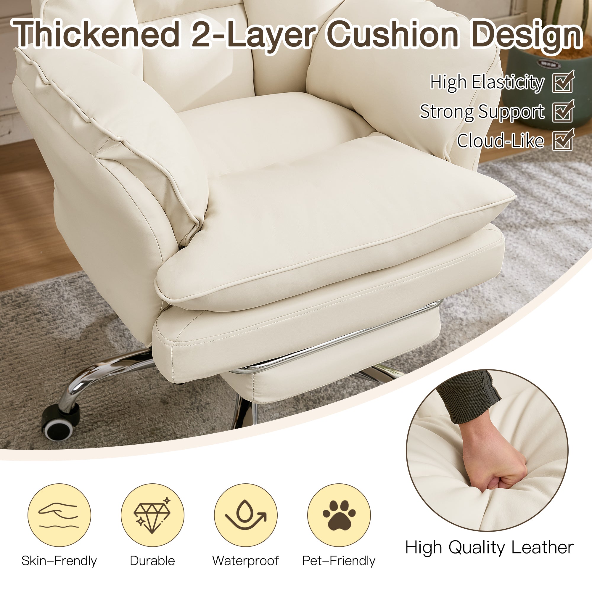 HOMREST Cloud Cross Legged Office Chair with Footrest,Leather Big and Tall Executive Ergonomic Chair,155° Reclining Computer Wide Desk Chair, Beige