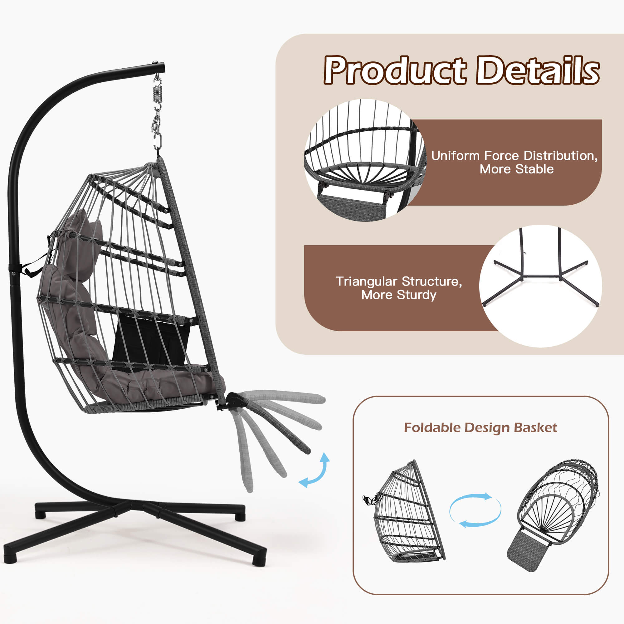 HOMREST Hanging Egg Chair with Stand & Removable Leg Rest, Hammock Chair for Patio, Bedroom, Gray