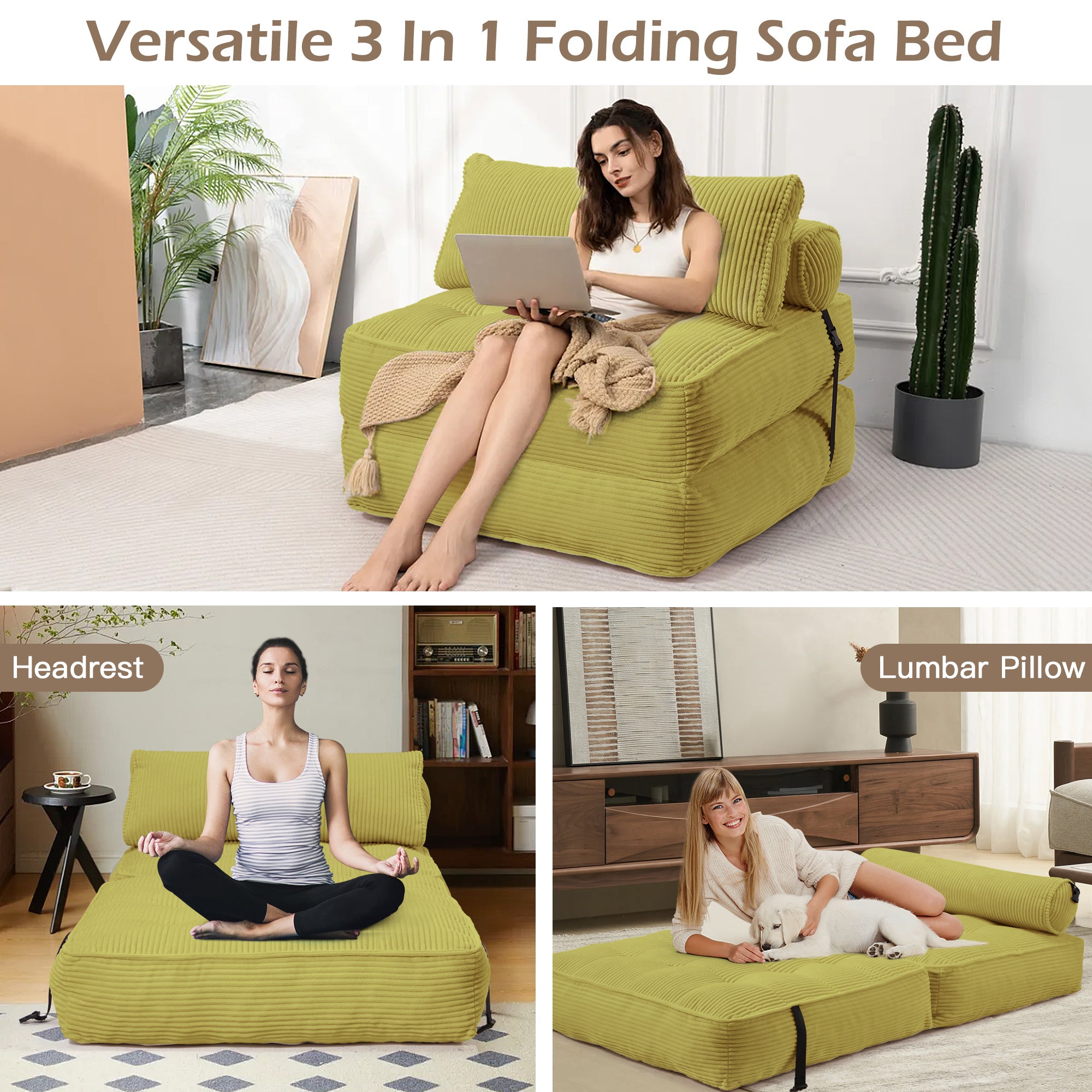 HOMREST Folding Out Chair Bed, Convertible Sofa Bed with 2 Pillows, Avocado Green