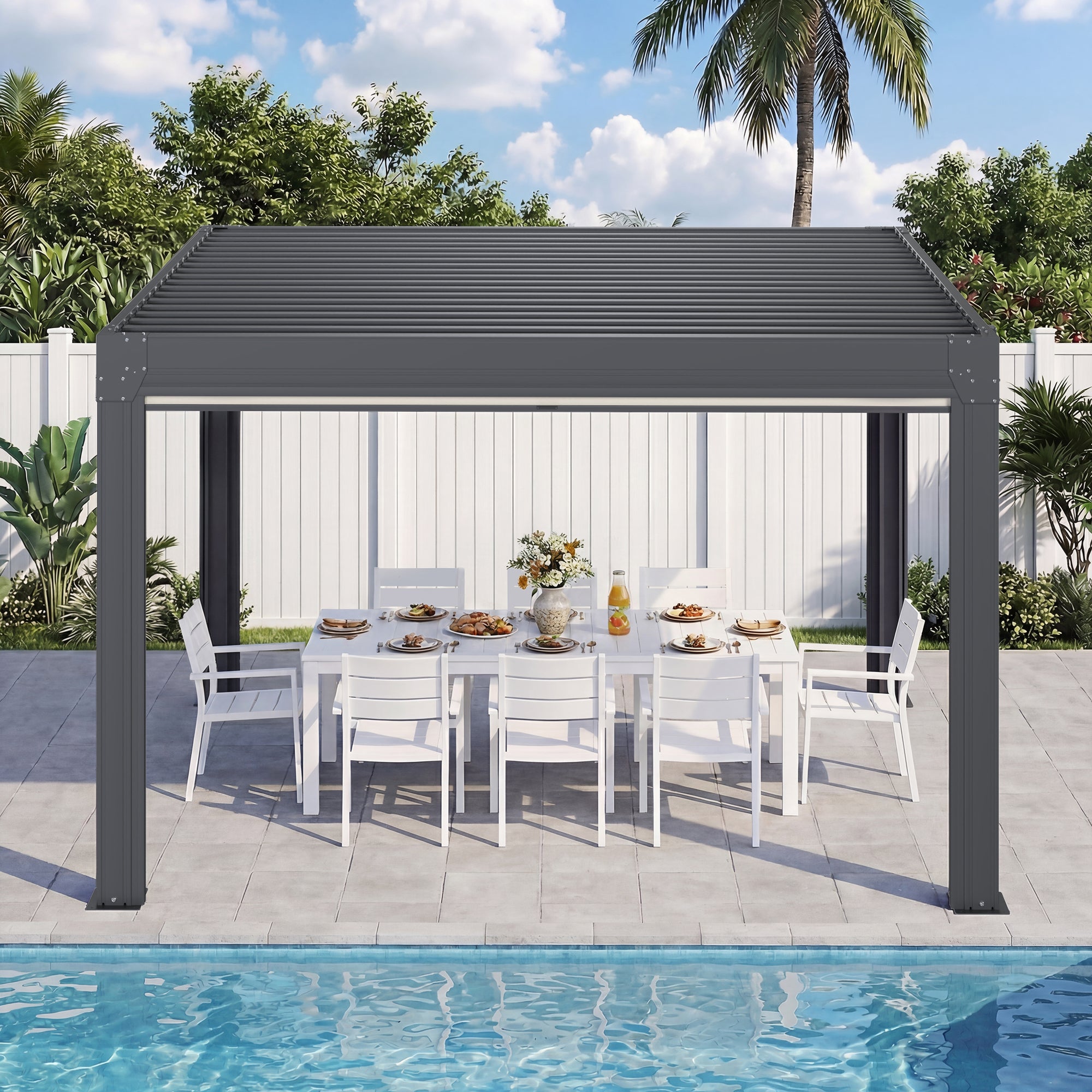 HOMREST 10' x 12' Louvered Pergola with Pull-Down Screens, Aluminum Outdoor Pergola with Retractable Roof for Patios, Decks & Backyards, Black
