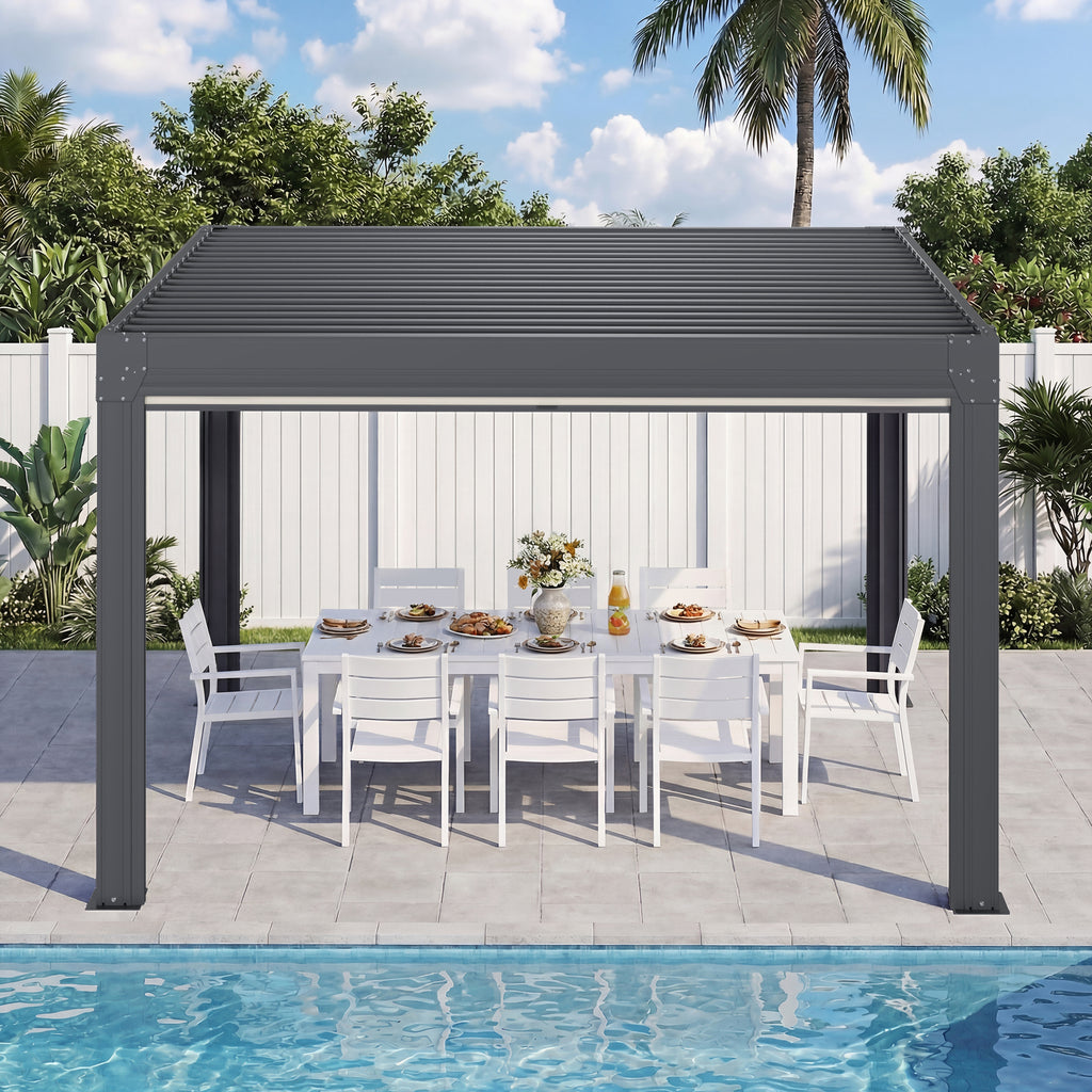 HOMREST 10' x 12' Louvered Pergola with Pull-Down Screens, Aluminum Outdoor Pergola with Retractable Roof for Patios, Decks & Backyards, Black
