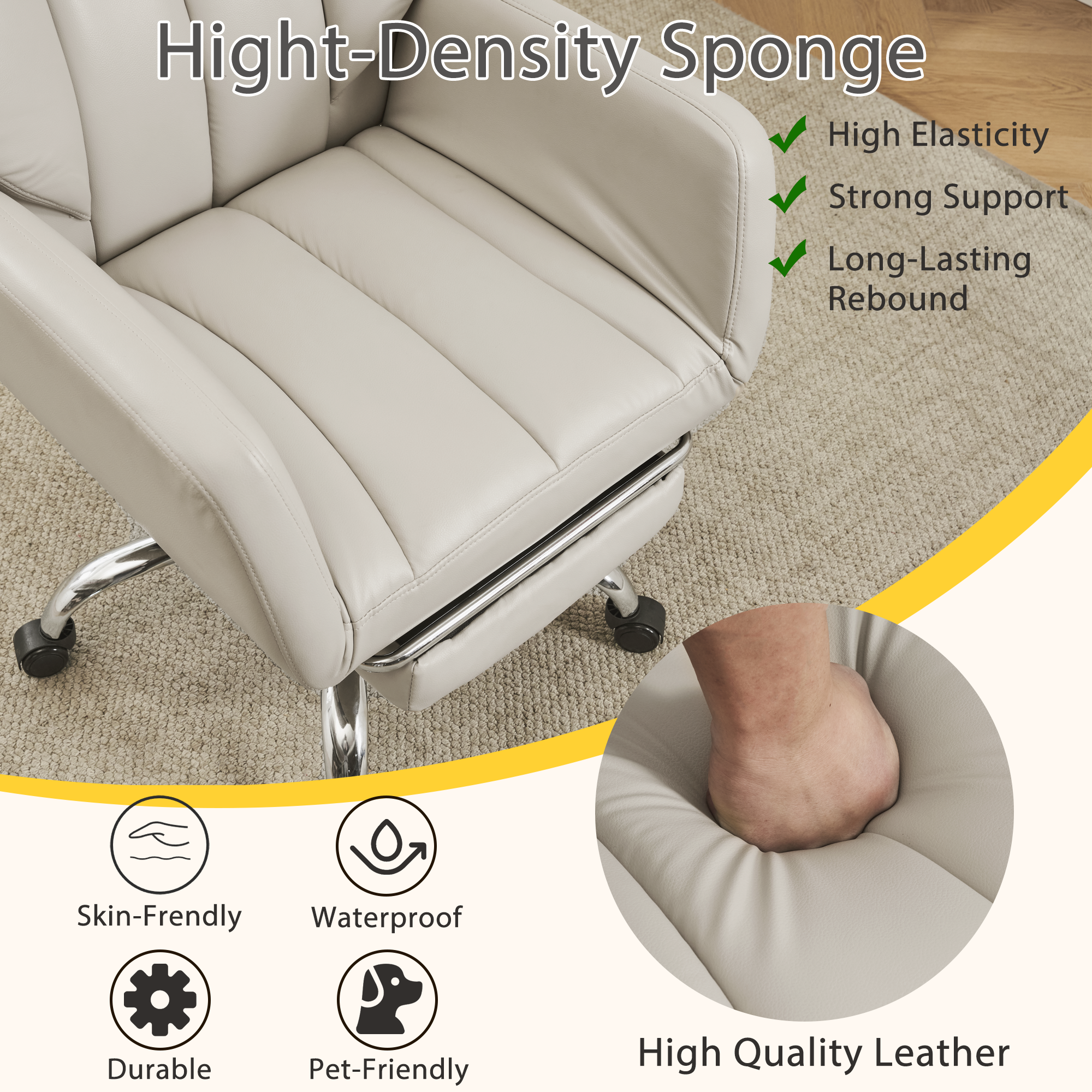 HOMREST Ergonomic Cross Legged Office Chair with Footrest,Big and Tall Leather Executive Chair with Reversible Armrest,Lumbar Pillow and Wheels,155° Reclining Computer Wide Desk Chair for Home,Office (Beige)