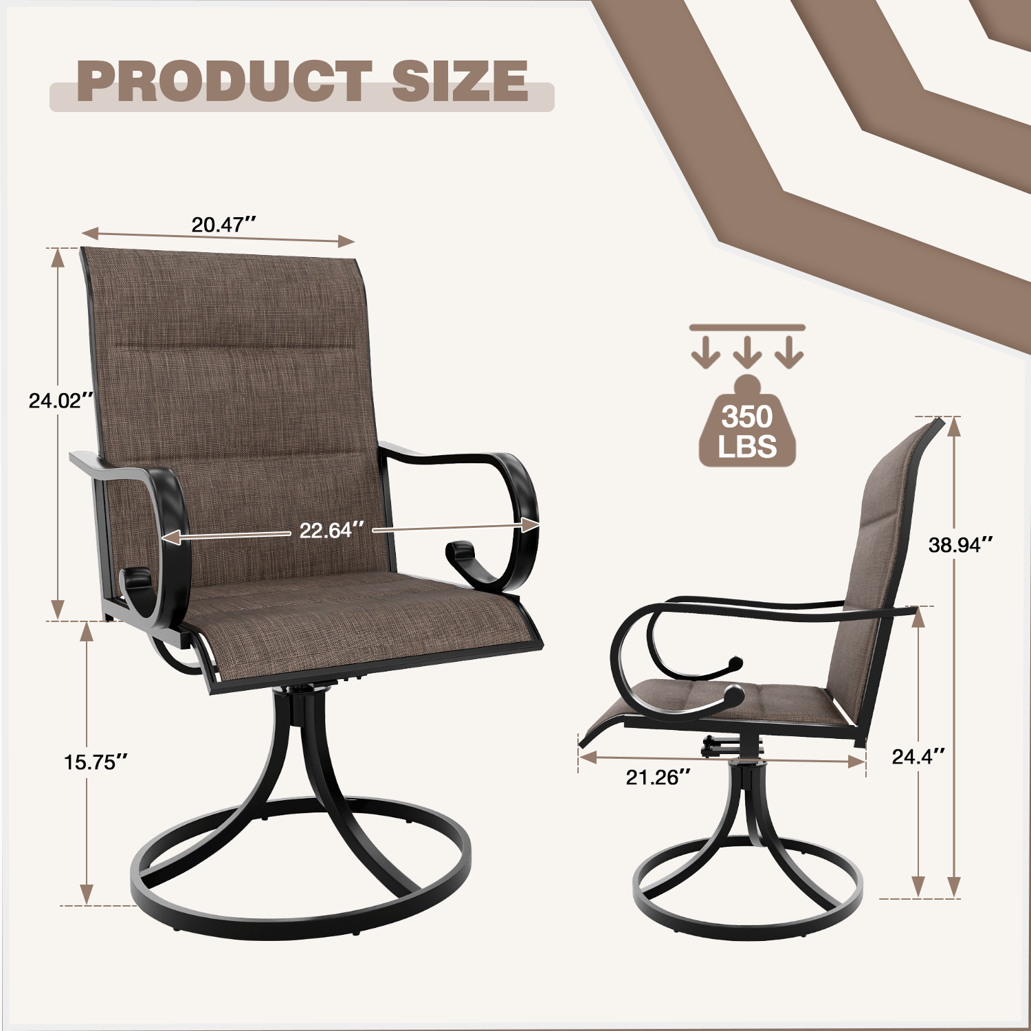 HOMREST Swivel Outdoor Chairs Set of 2, High Back Padded Textilene Patio Dining Chairs with Metal Frame, Brown