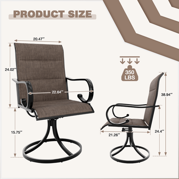 HOMREST Swivel Outdoor Chairs Set of 2, High Back Padded Textilene Patio Dining Chairs with Metal Frame, Brown