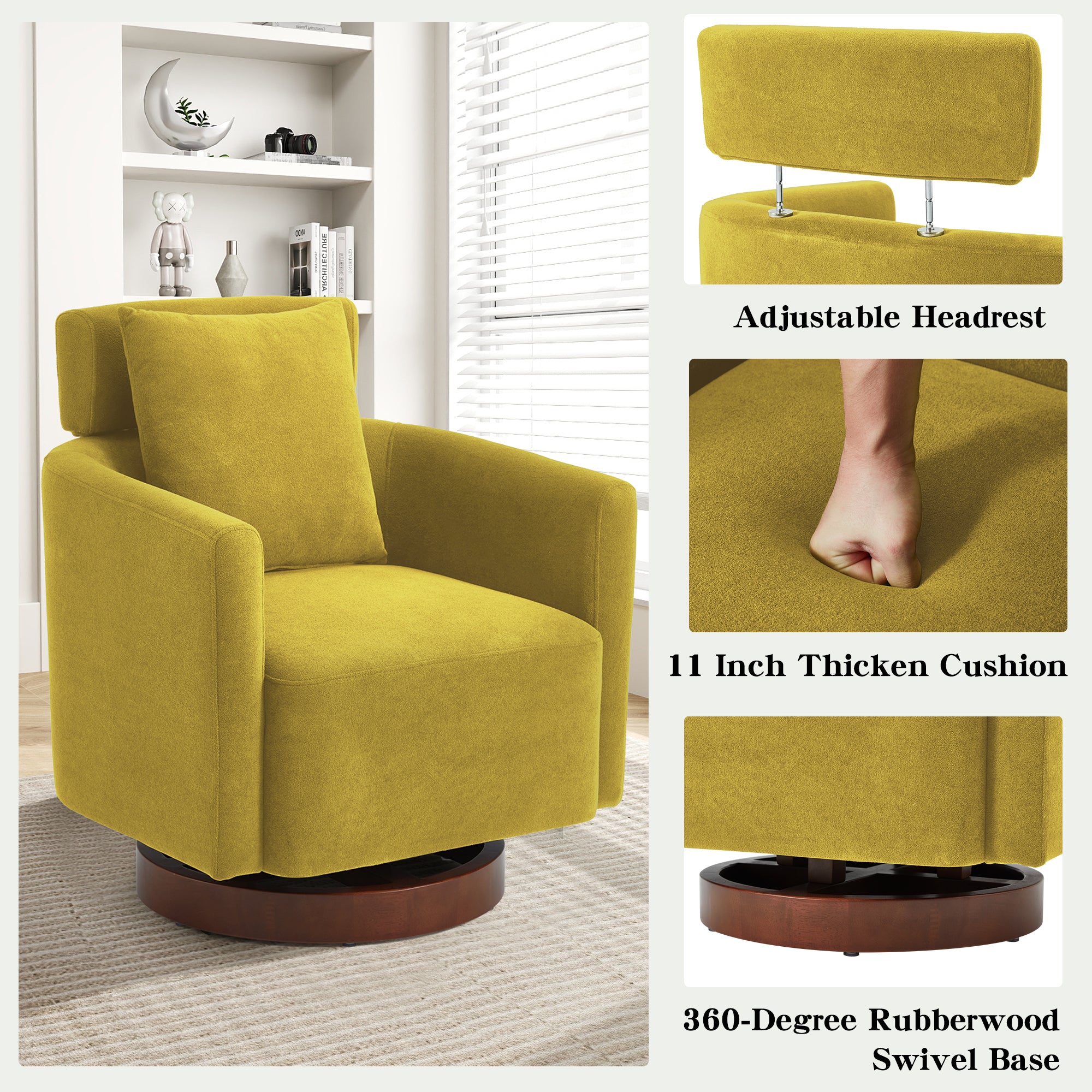 HOMREST Swivel Accent Chair, Armchair Barrel Chair with Adjustable Headrest Swivel Chair for Living Room Bedroom, with 360° Rotation and Thick Cushion, Mustard Yellow