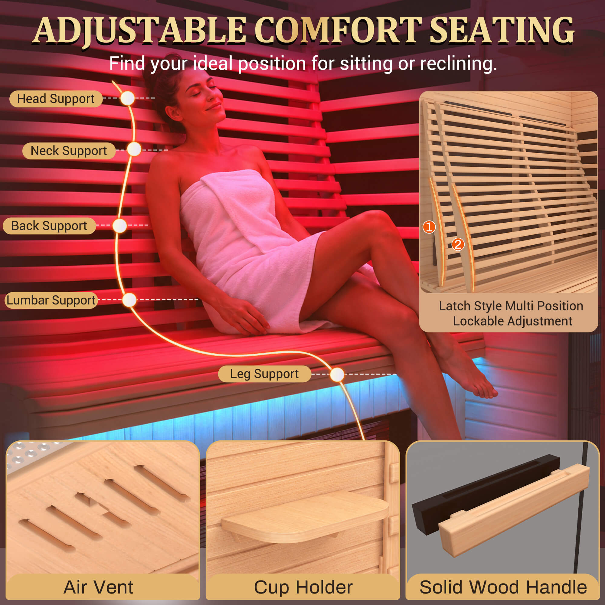 HOMREST 2 Person Infrared Sauna with Red Light Therapy, 360° Fast Heating, 7-Color LED & Bluetooth, Adjustable Seat, Black