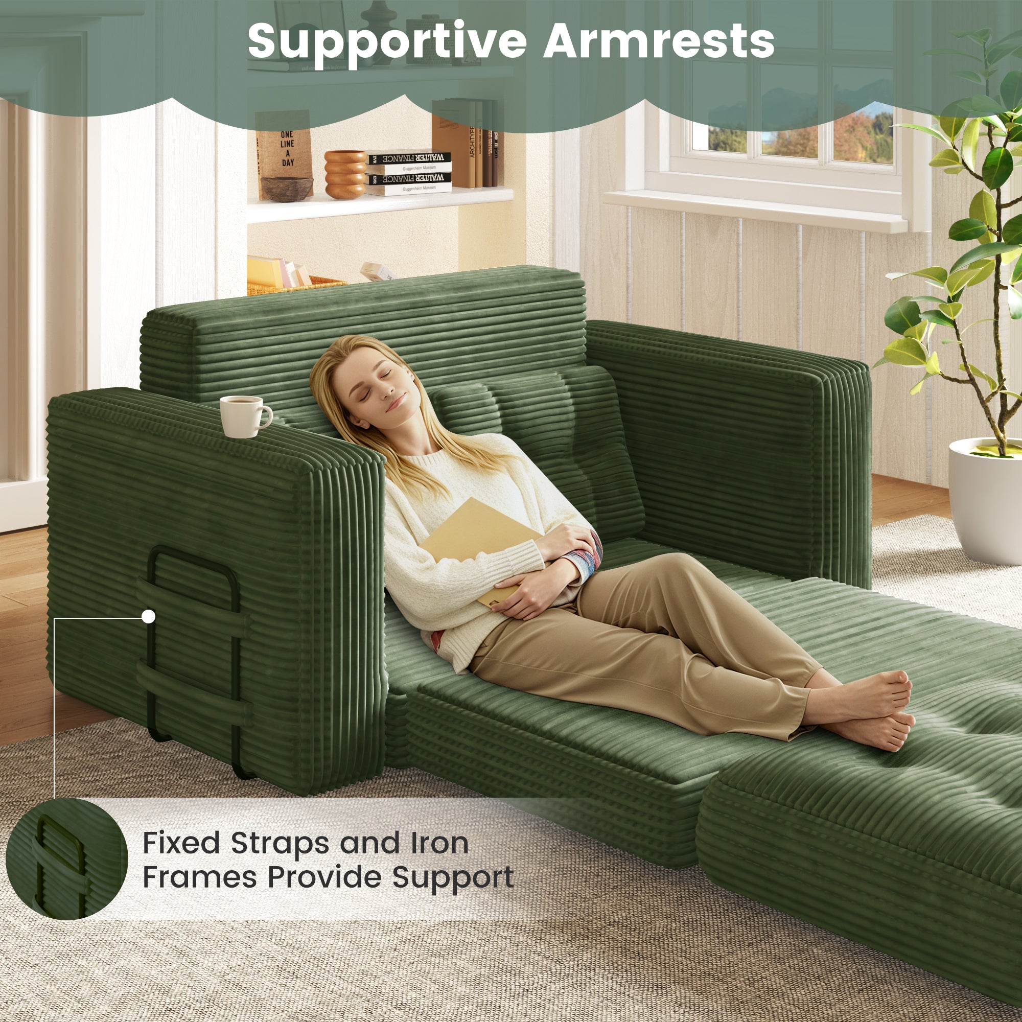 HOMREST No Assembly Needed Convertible Sofa Bed, 2 in 1 Boneless Couch Bed with 2 Pillows, Green