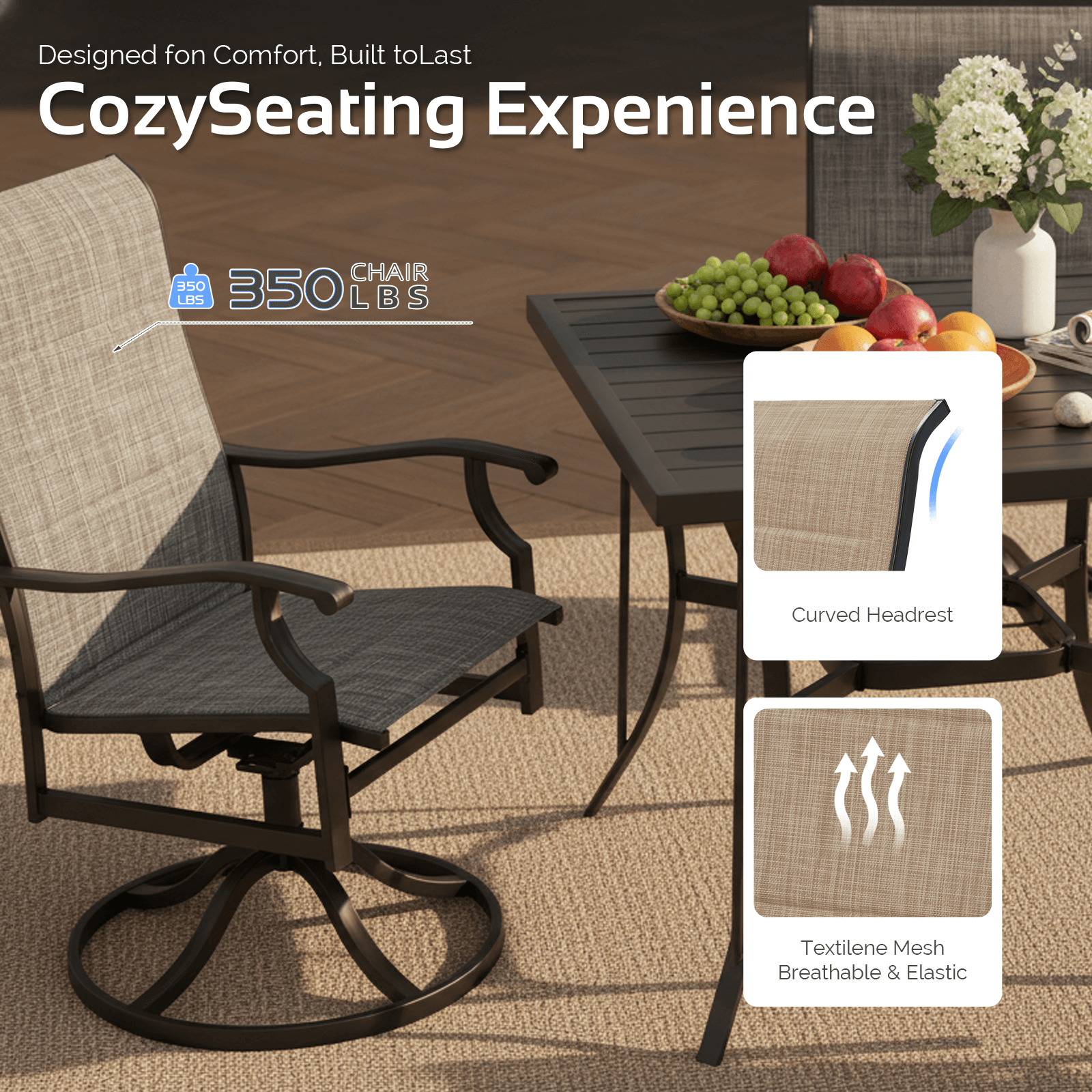 HOMREST 7 Piece Outdoor Patio Dining Set with 6 Swivel Rocker Chairs, Rectangular Metal Table with Umbrella Hole, Brown