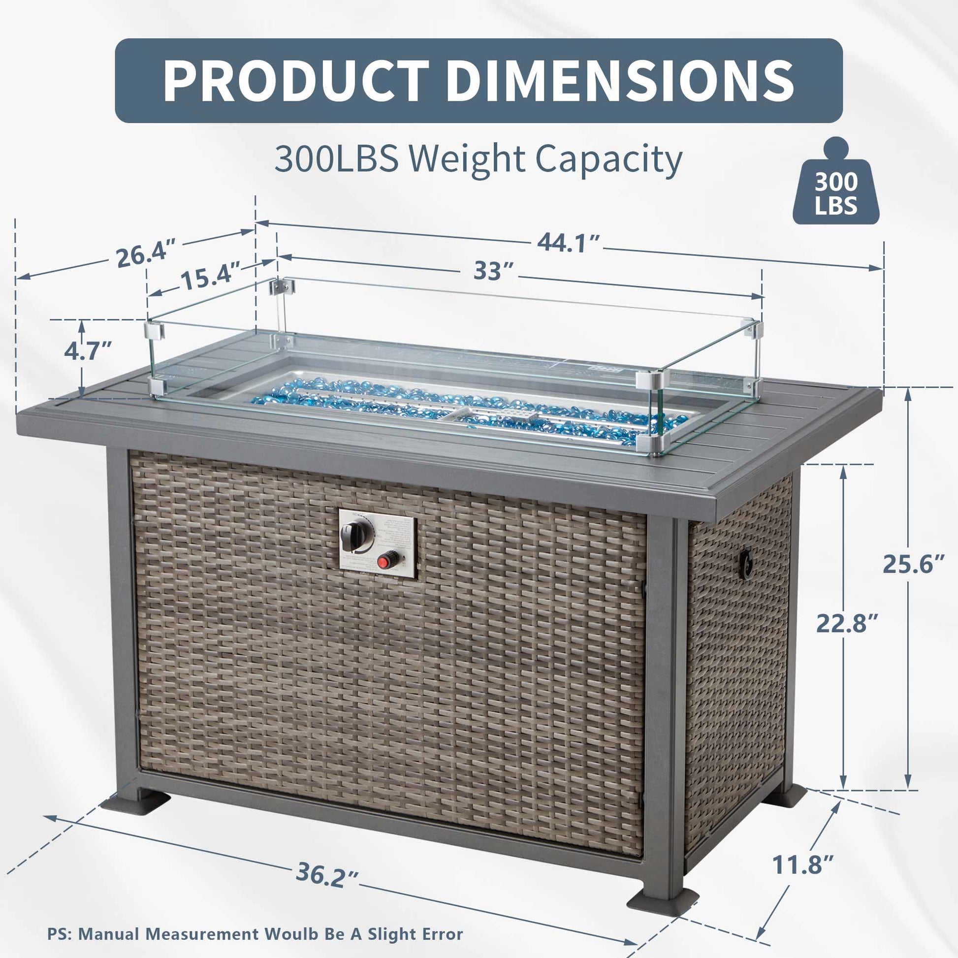 Product Dimensions of 44 in Propane Fire Pit with Aluminum Table Top and Glass Wind Guard, Dark Gray