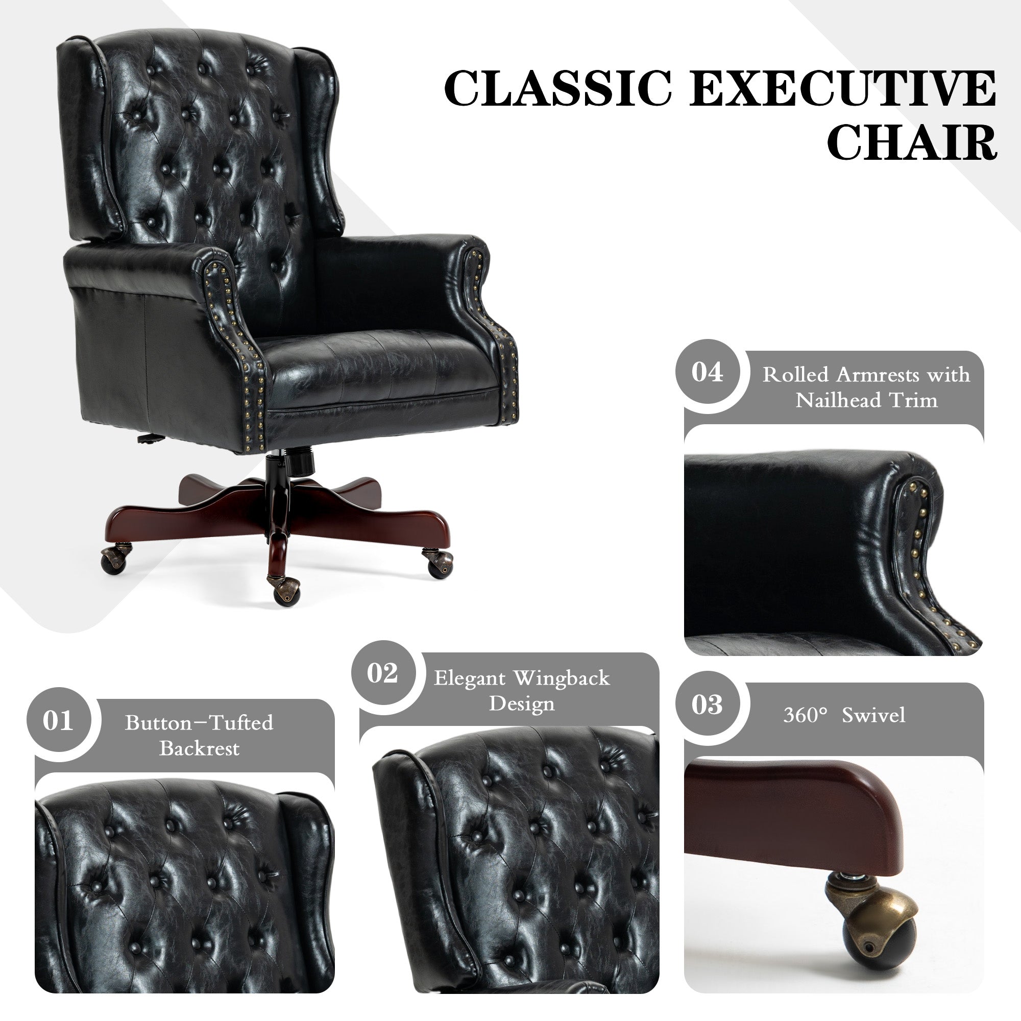Homrest Executive Wingback Office Chair – Black PU Leather High Back Desk Chair