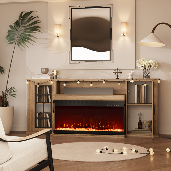 HOMREST 70 Inch 3-Sided Glass Fireplace TV Stand, 12 Color Flames, Fits TVs up to 80