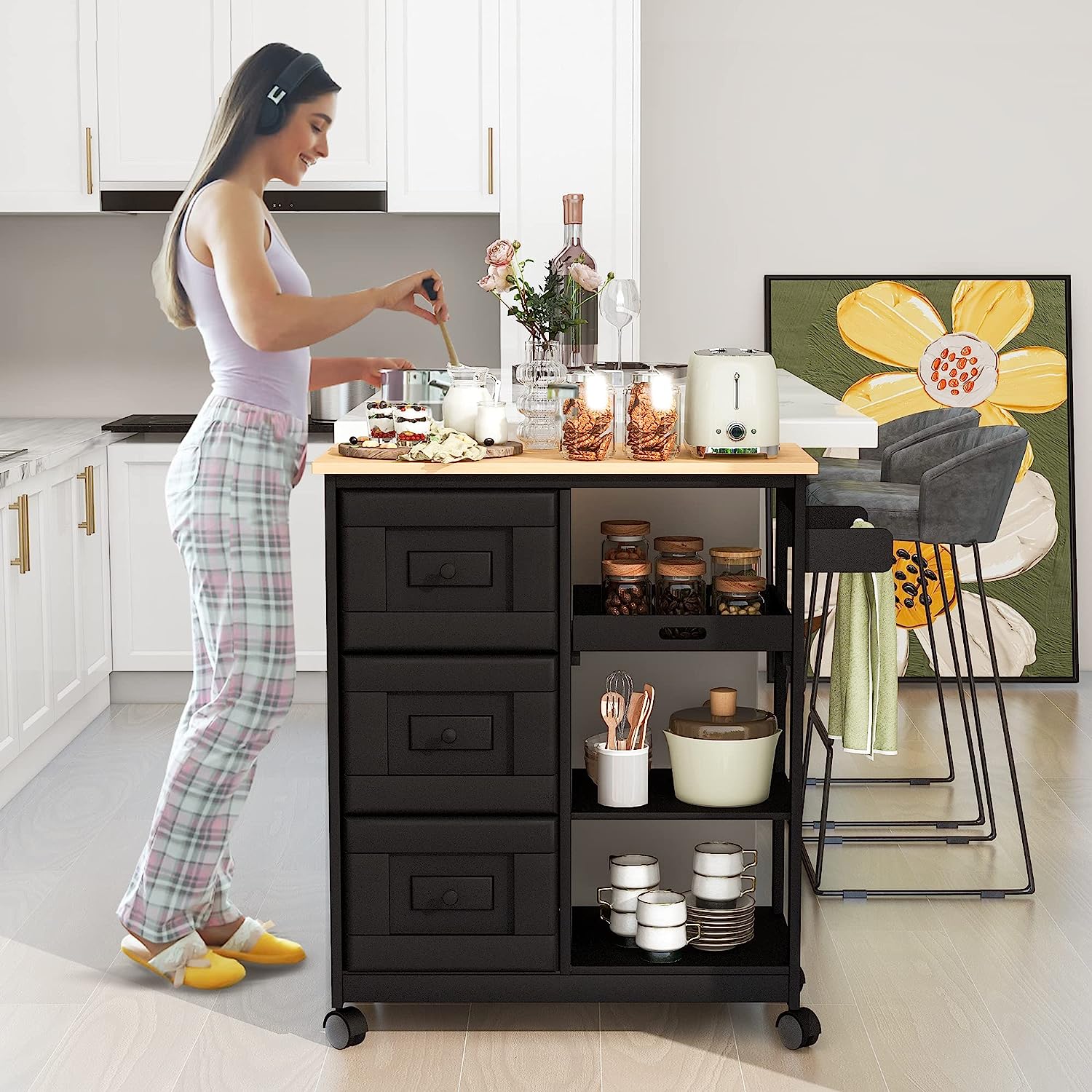 Homrest kitchen islands with countertop & drawer & open shelves and spice rack, black