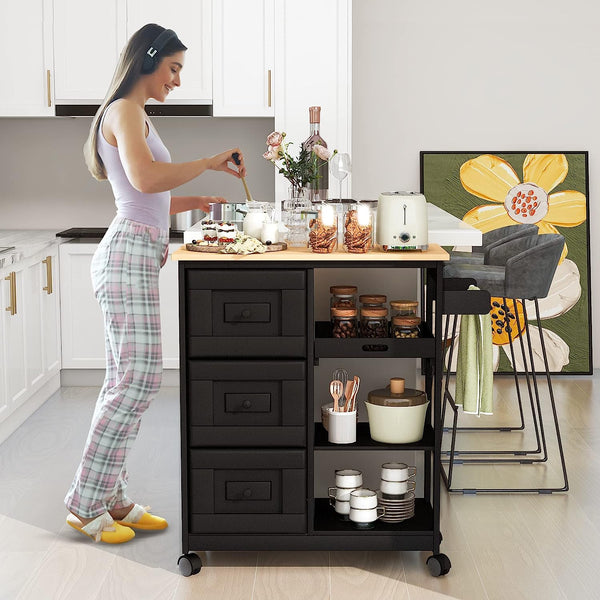 Homrest kitchen islands with countertop & drawer & open shelves and spice rack, black
