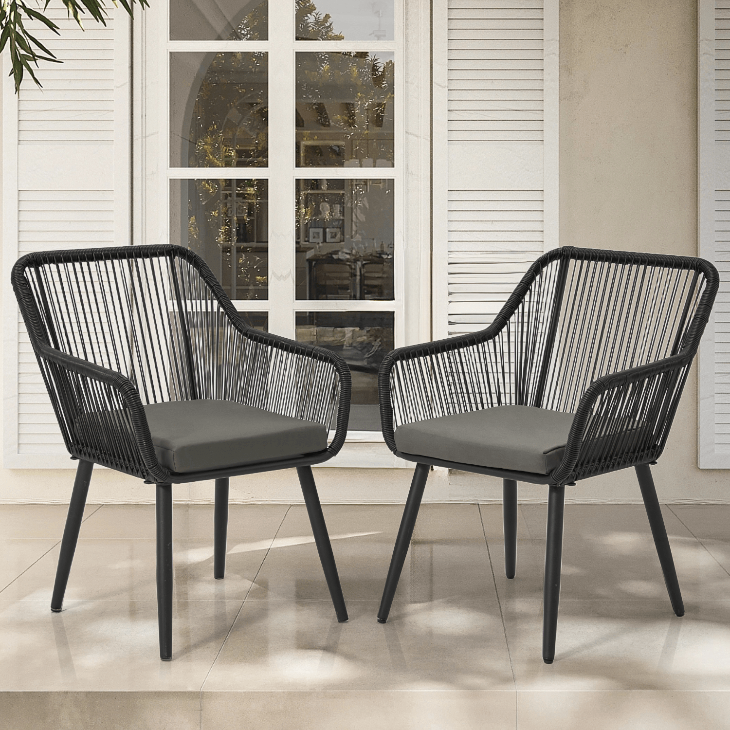 HOMREST Patio Wicker Dining Chairs Set of 2, Rattan Chairs w/ Cushions & Armrests, Grey/Black