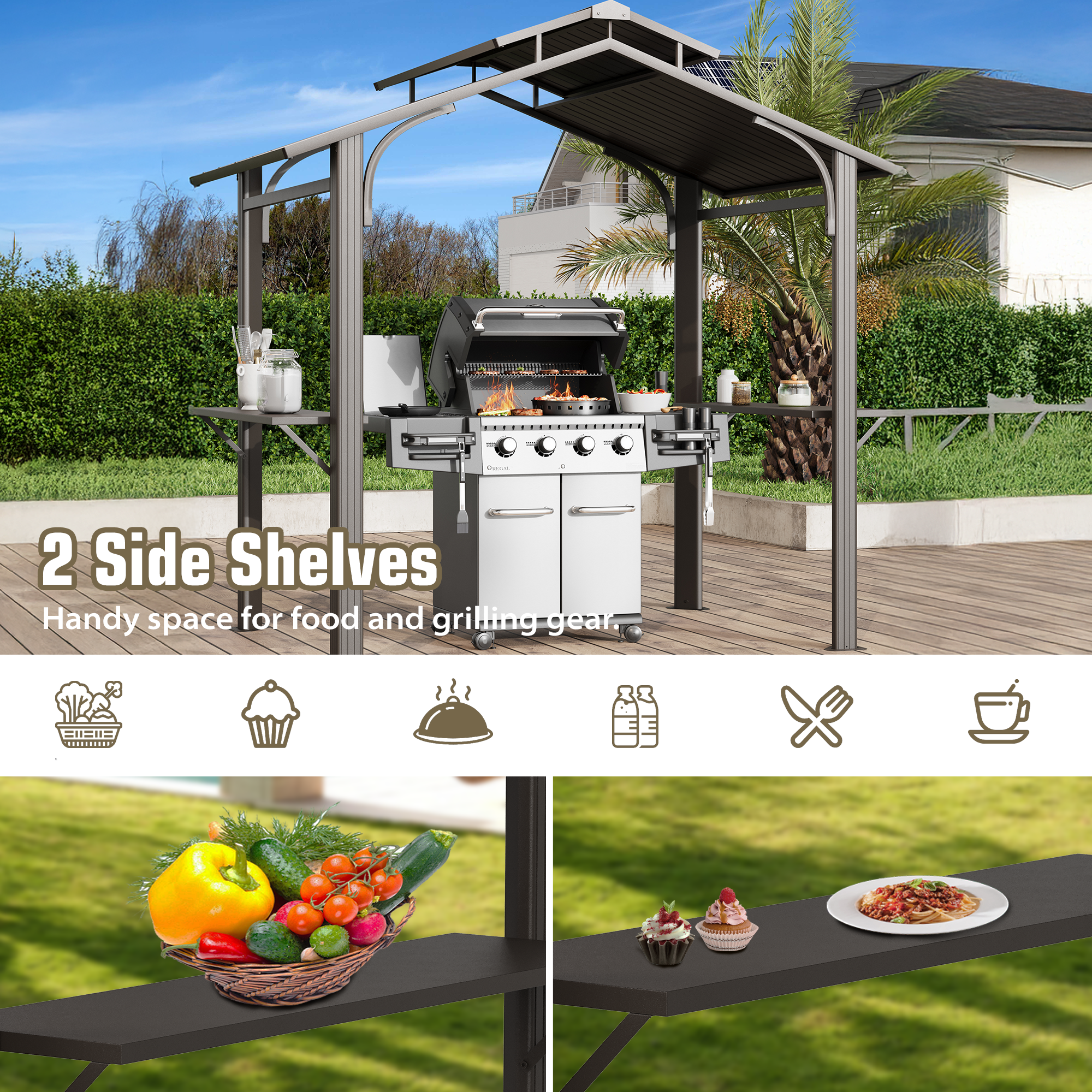 HOMREST 8' x 5' Hardtop Grill Gazebo with 2 Side Shelves, Bottle Opener, and Galvanized Steel Double Roof, Brown