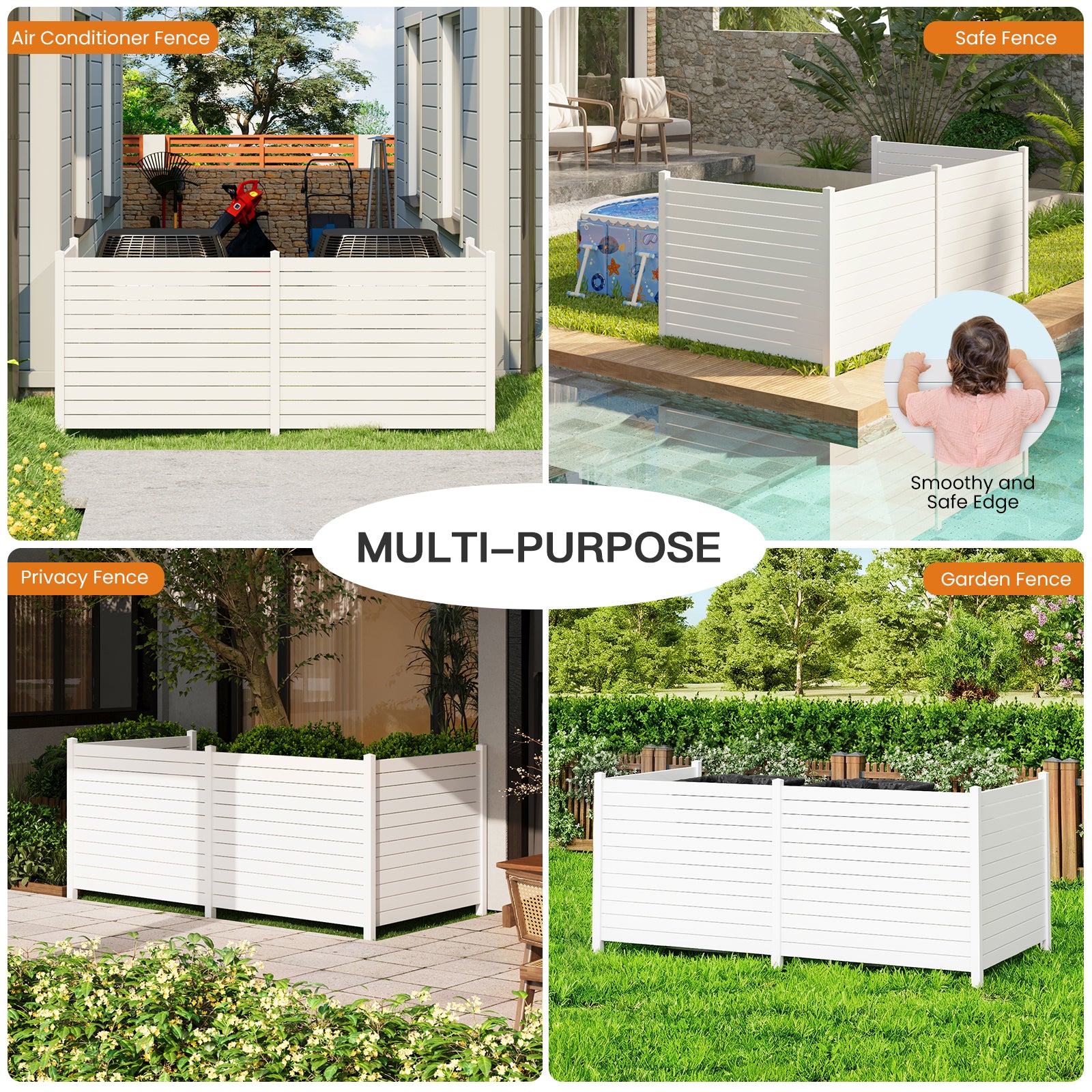 HOMREST Outdoor Privacy Fence, 48in H x 48in W Air Conditioner Fence，No Dig Trash Can Fence, 4 Fence Panels Pool Equipment Enclosure, Horizontal PVC Privacy Screen with 18 in Ground Stakes,White