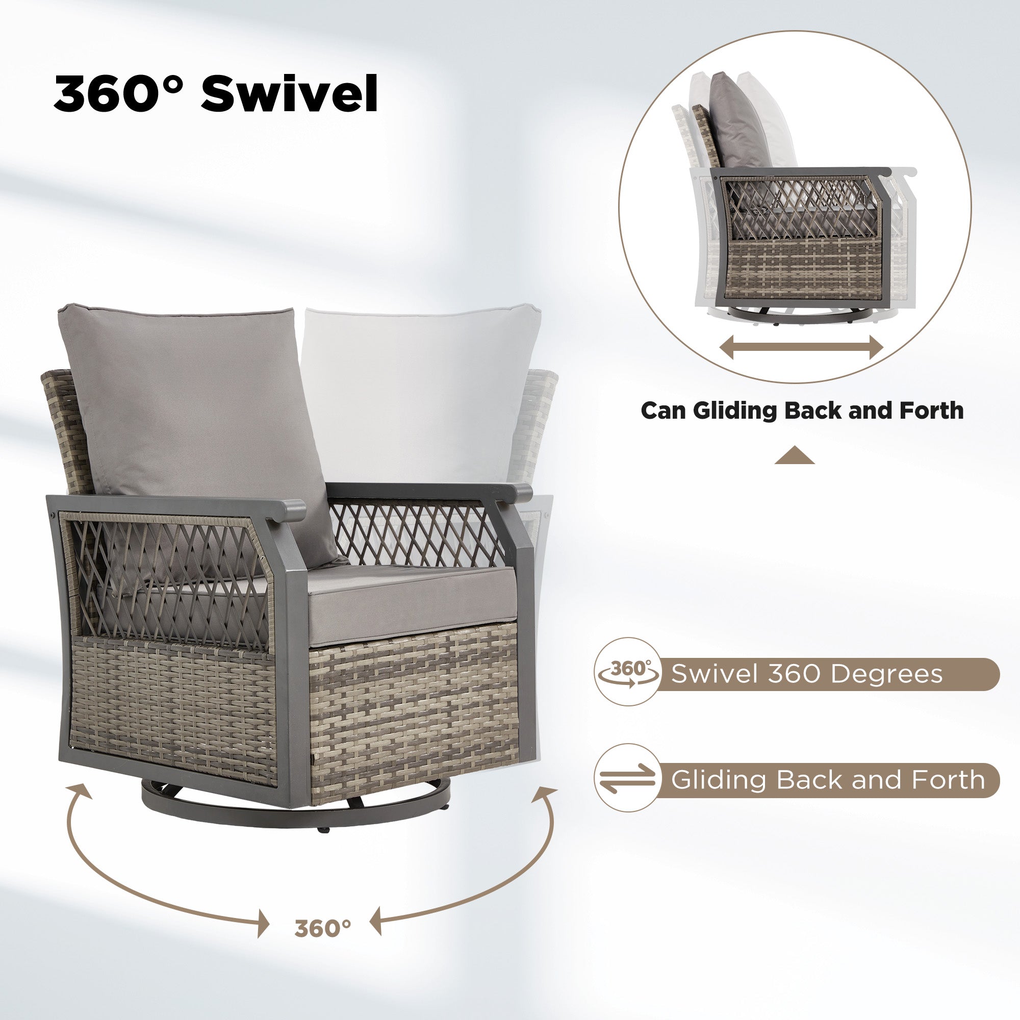 HOMREST 6-Piece Patio Set with Sofa, Swivel Rocking Chairs, Ottoman & Side Table, Grey