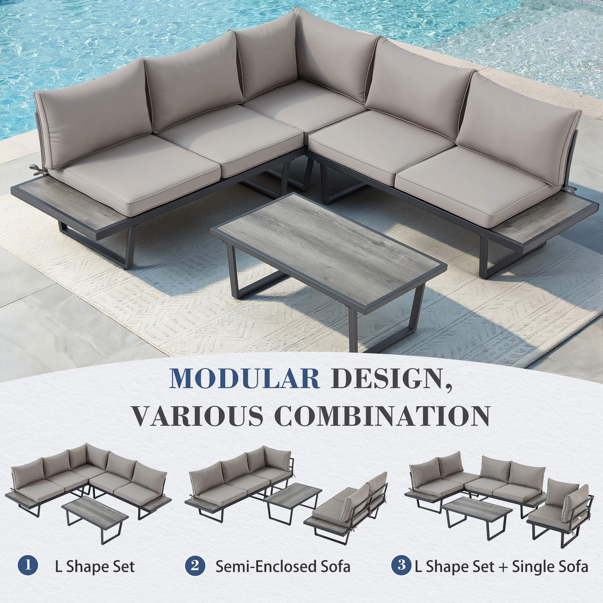 HOMREST Patio Conversation Sets, 4 Piece  Outdoor Patio Furniture Set, Outdoor Furniture with Coffee Table, Gray