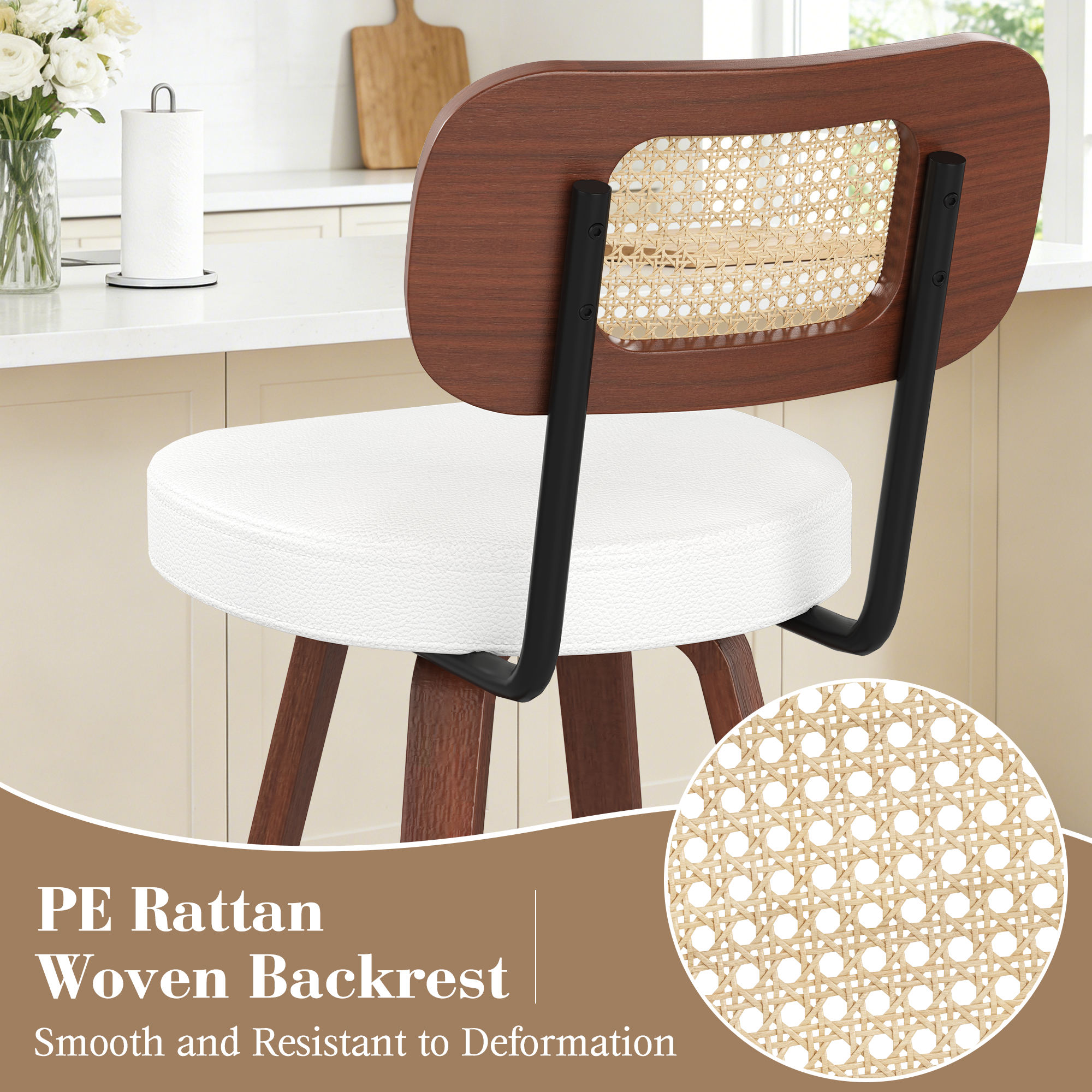HOMREST Swivel Upholstered Rattan Back Counter & Bar Stool, Bar Chair With Solid Wood Frame And Metal Footrest (set Of 2), Beige