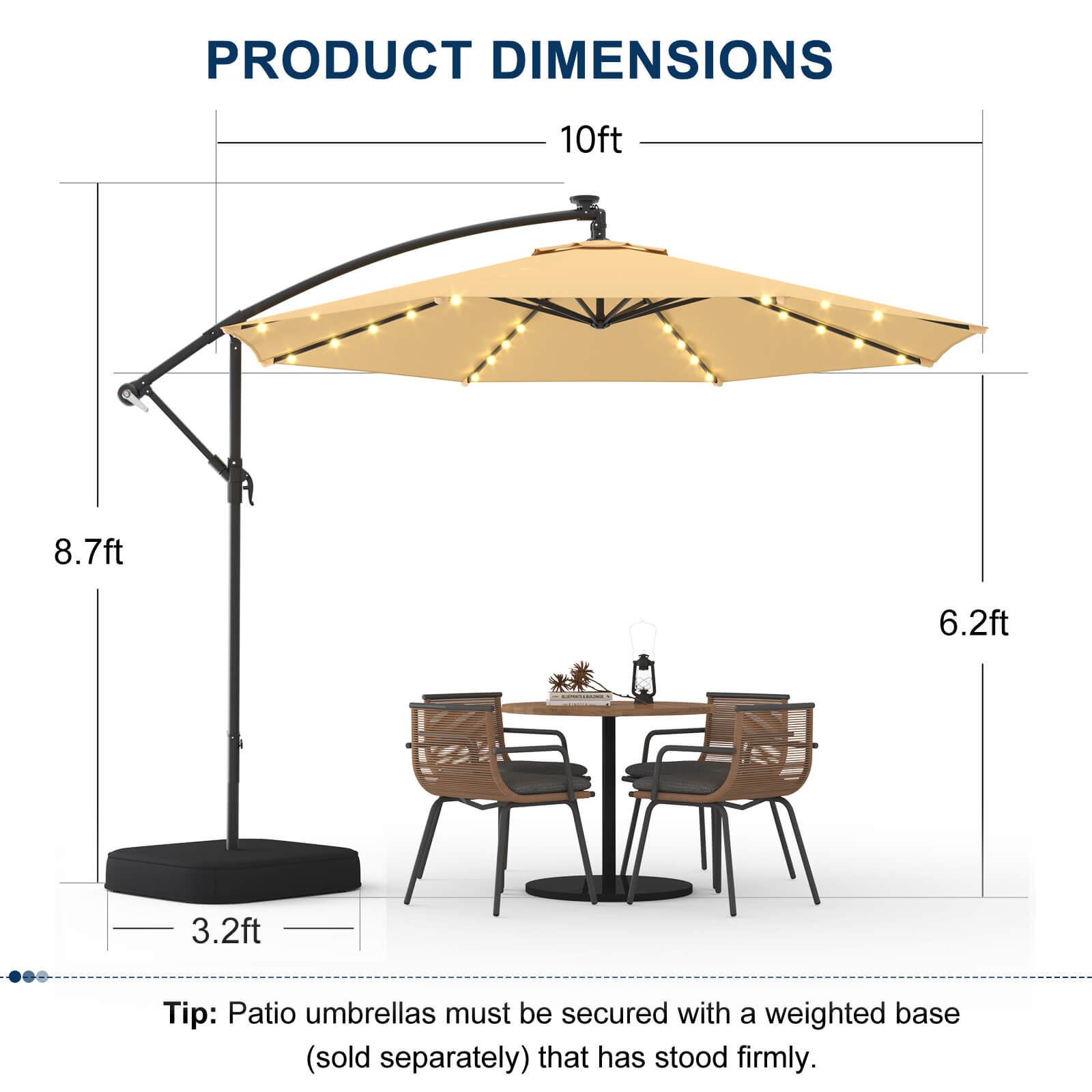 Homrest 10ft Solar Lighted Patio Umbrella with Base, Outdoor Cantilever Umbrella, Infinite Tilt, Beige
