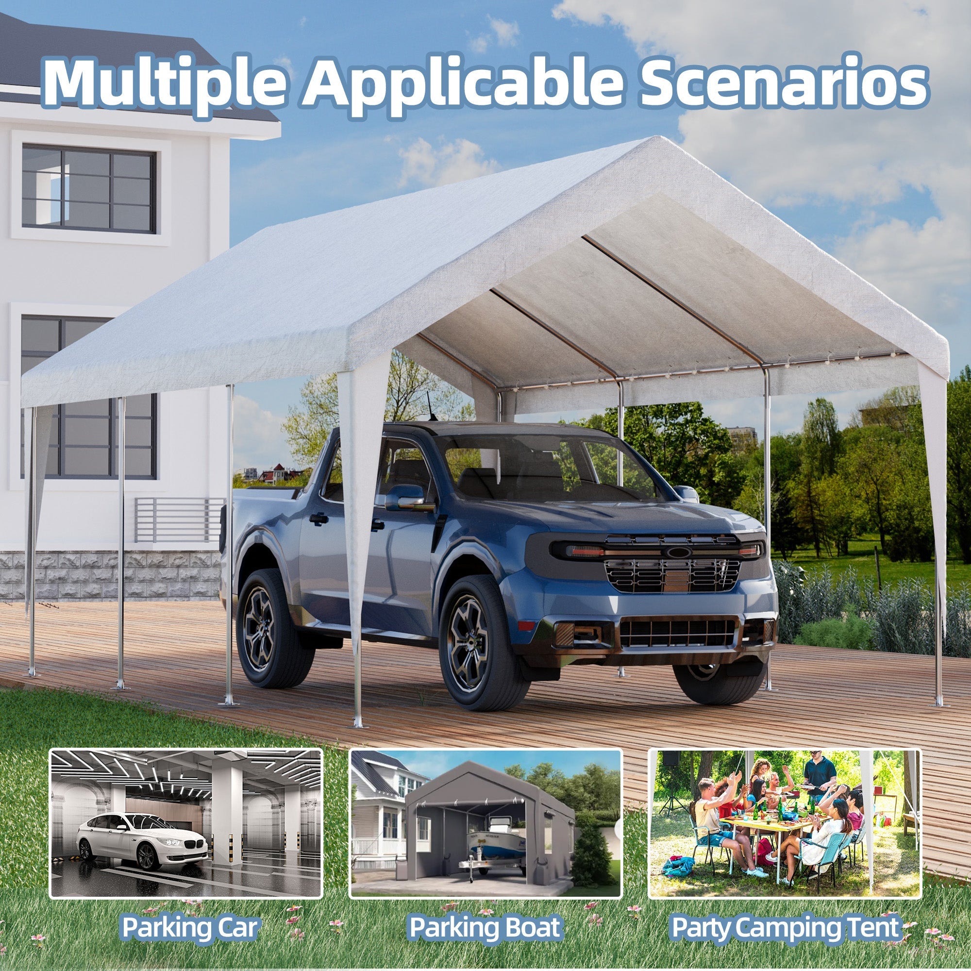 HOMREST Carports 12x20 heavy duty, Rainproof & UV Protected Garage Top Tarp Shelter Cover, Outdoor Portable Garage for Car, Boat Tent, White