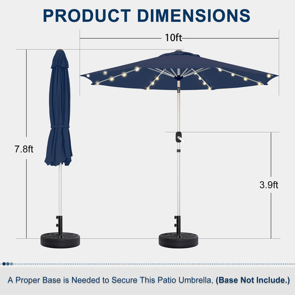 Homrest 10FT Solar Lighted Patio Umbrella, Fade-Resistant Outdoor Umbrella with Tilt, 8 Aluminum Ribs Navy Blue