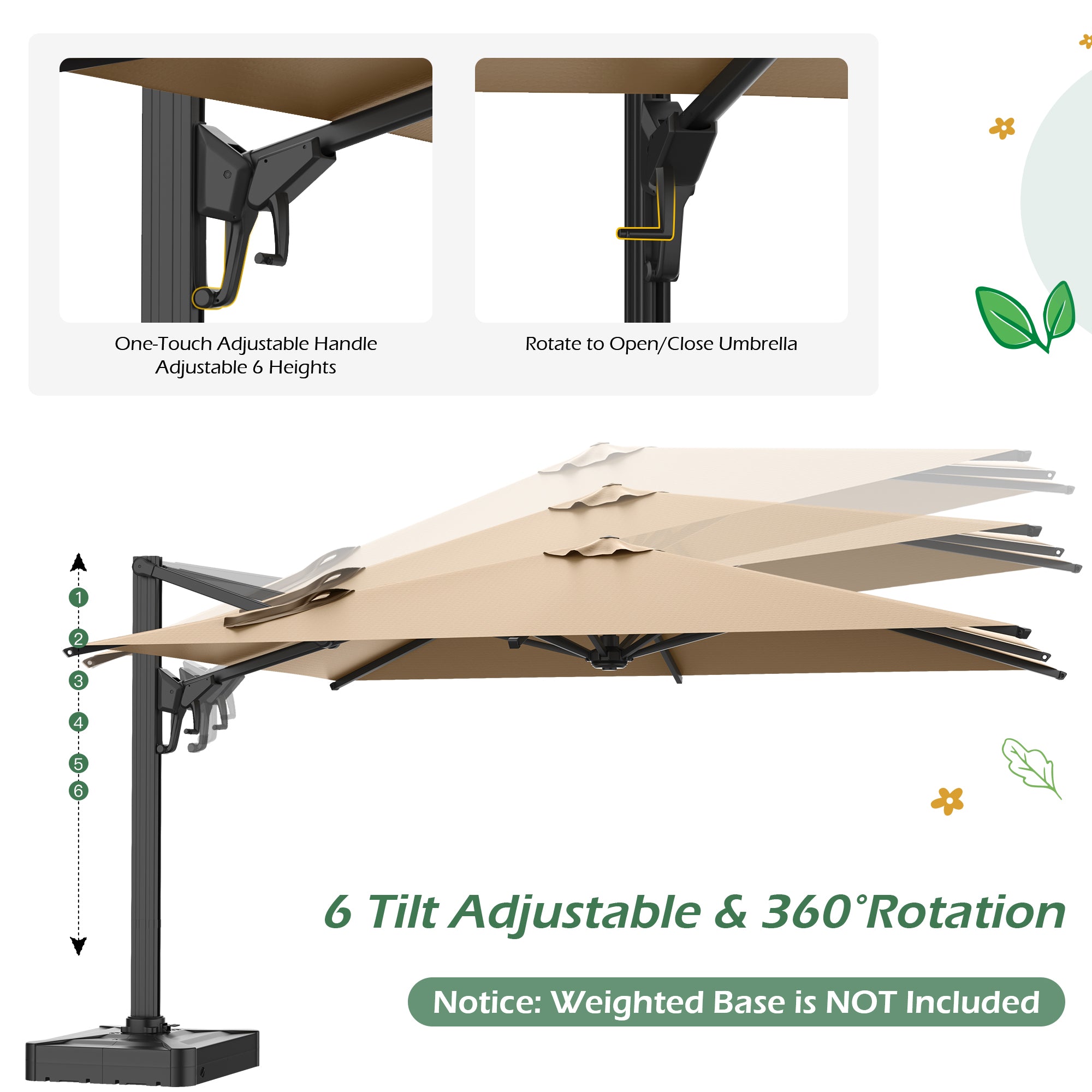 HOMREST 10x13ft Large Rectangular Cantilever Umbrella with 360° Rotation & 6 Adjustable Heights, Outdoor Patio Umbrella for Garden, Pool, Deck, Brown (Base Excluded)