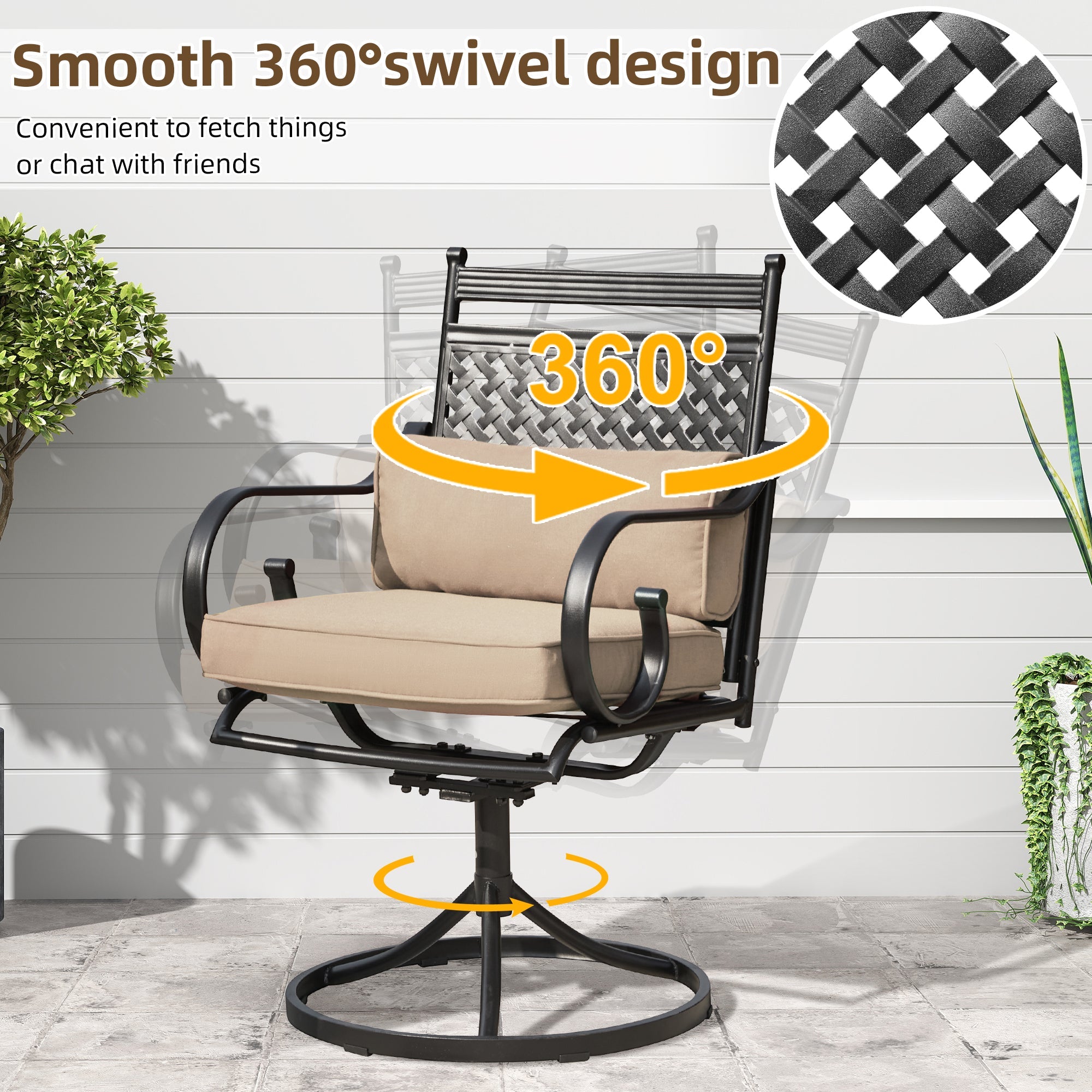 homrest Patio Swivel Chair Set of 2, Outdoor Dining Chairs with Cushions for Porch, Deck, and Garden, Khaki