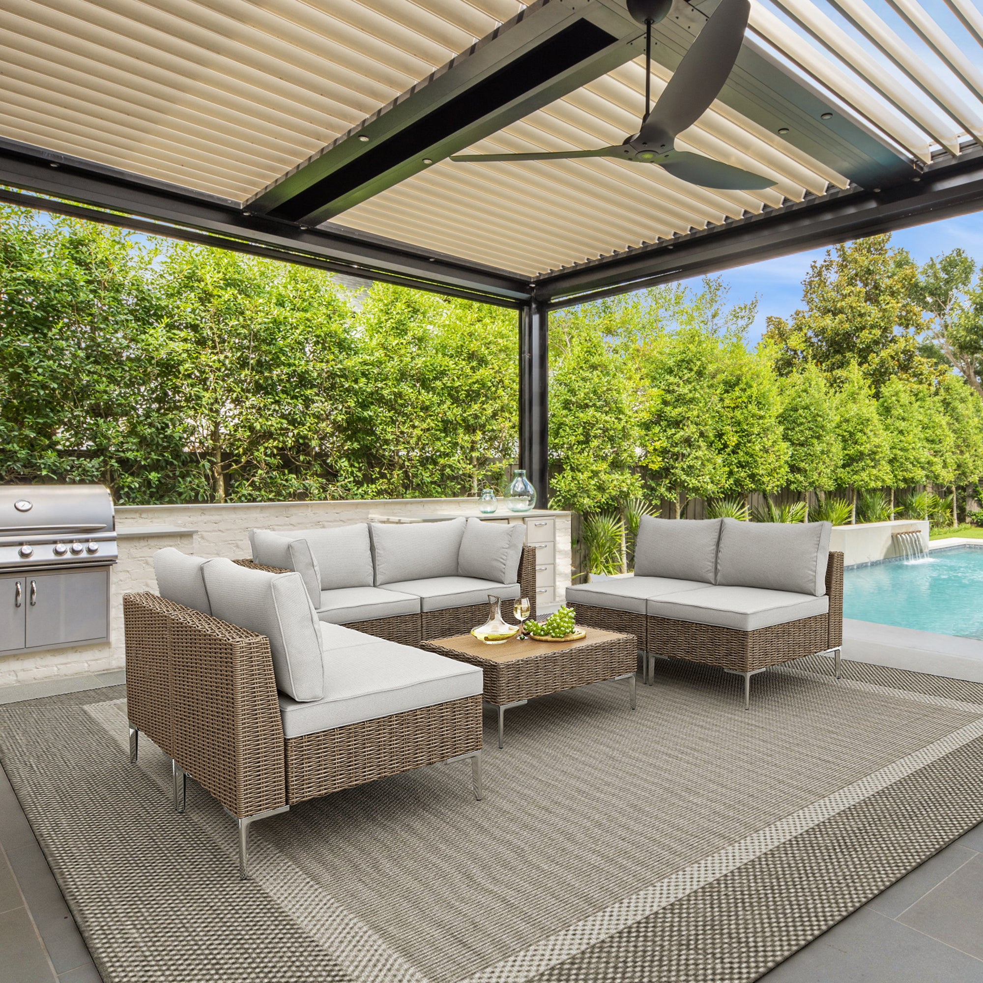 7 Pcs Outdoor Sectional Sofa, Half-Round Rattan Furniture Set with Tea Table, Beige | Homrest Furniture