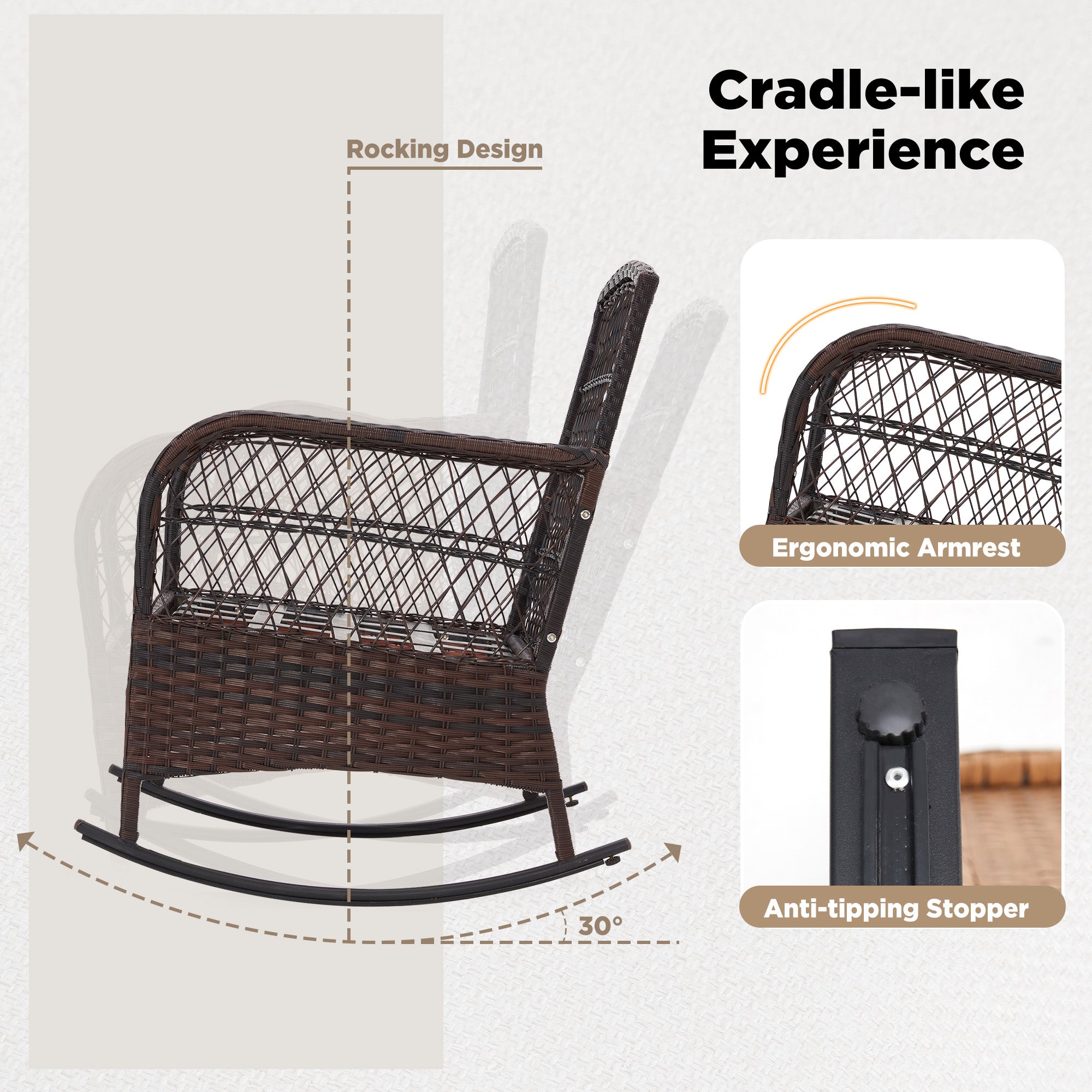 HOMREST 3-Piece Rattan Rocking Bistro Set with Glass Coffee Table for Porch & Garden
