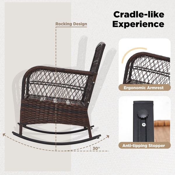 HOMREST 3-Piece Rattan Rocking Bistro Set with Glass Coffee Table for Porch & Garden