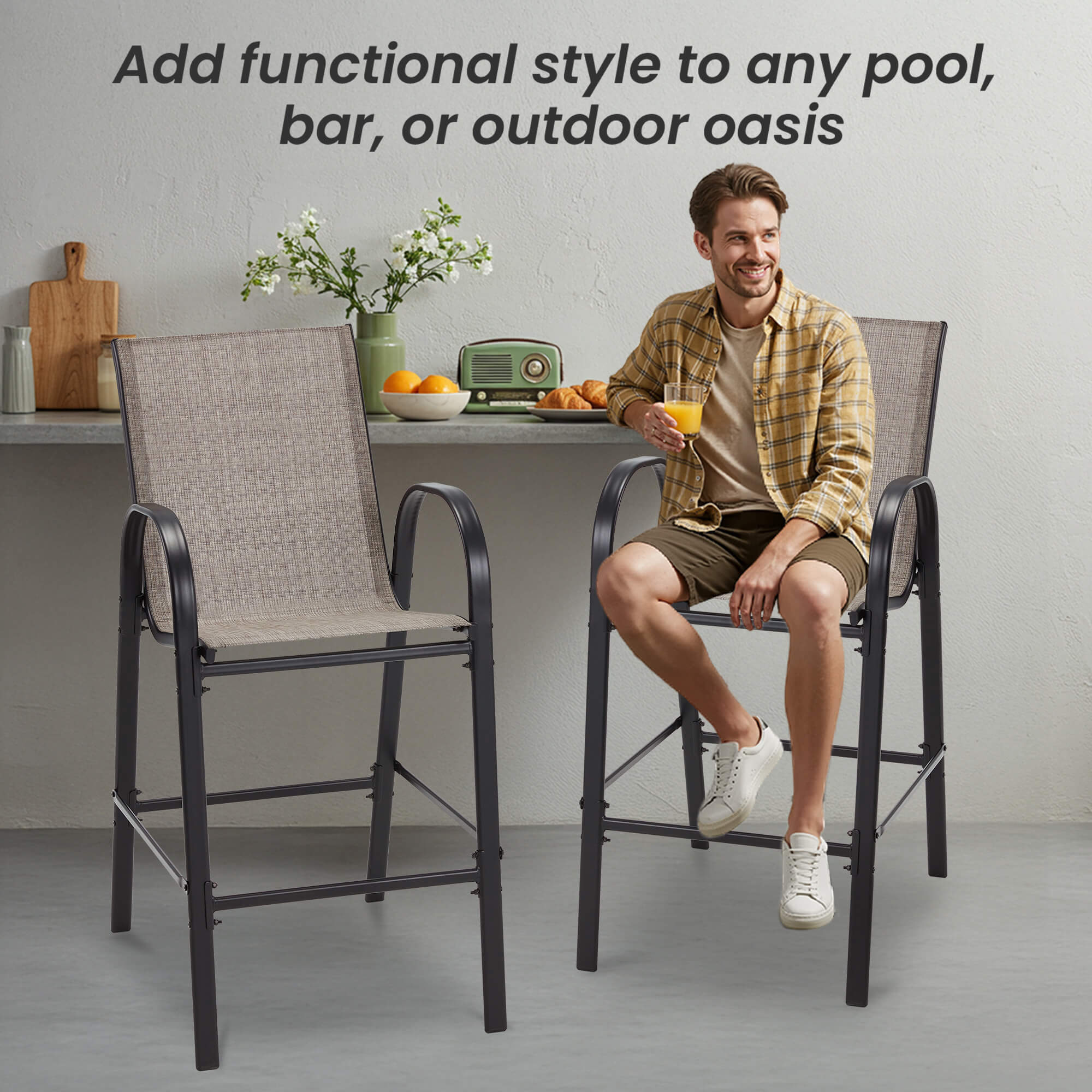 HOMREST Outdoor Bar Height Stools Set of 6, High Back Patio Chairs with Armrests,Textilene Chairs with Breathable Fabric & Metal Frame, Taupe