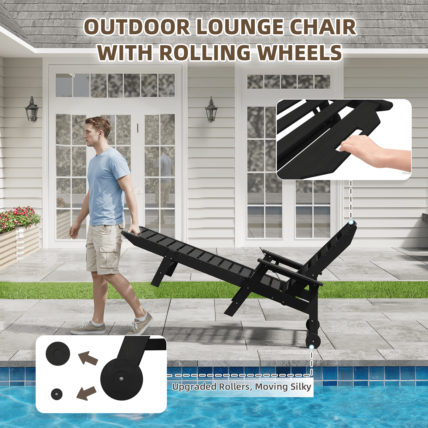 HOMREST 22" W Oversized Chaise Lounge Chairs, Adjustable HDPE Outdoor Chairs with Wheels & Cup Holder, Black