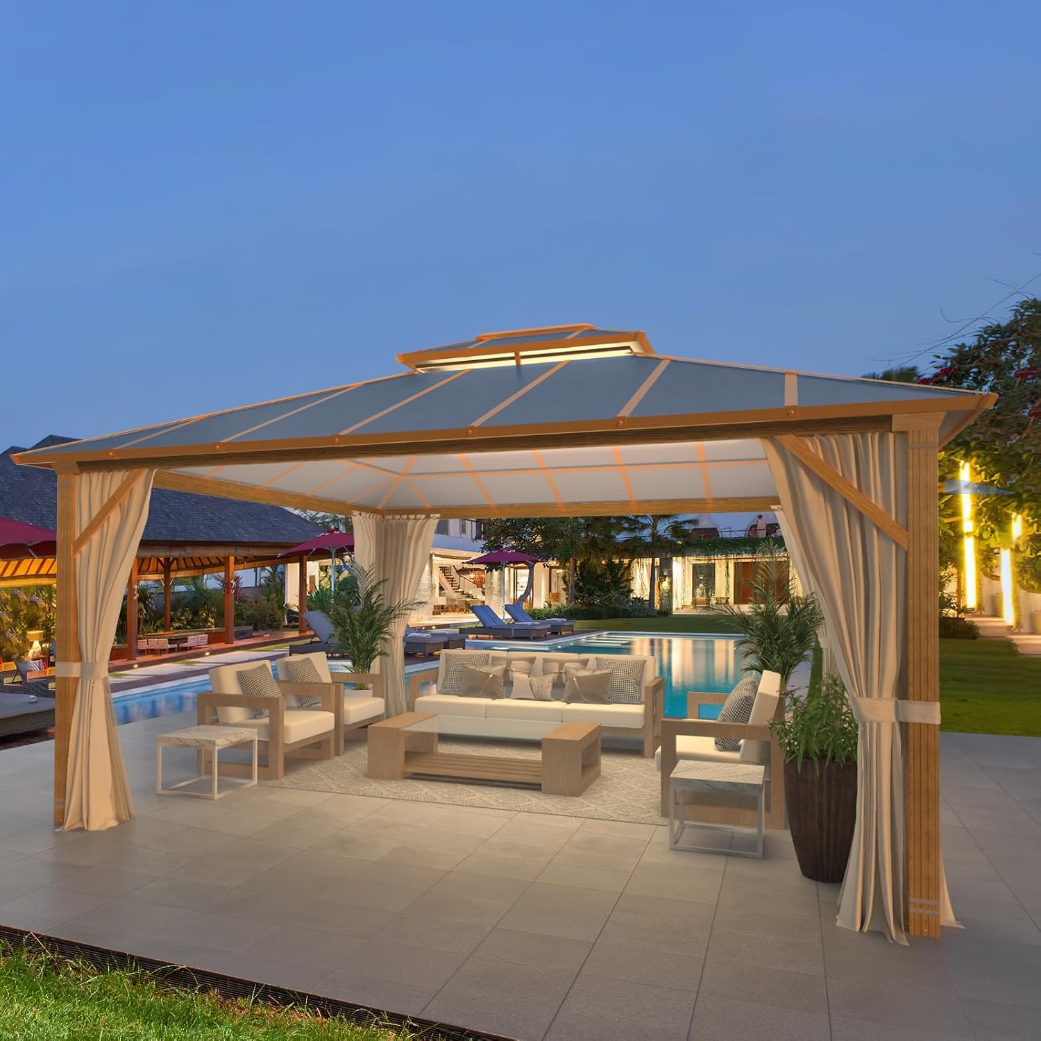 Homrest 12' x 14' Gazebo Outdoor Double Roof Aluminum Composite Canopy Aluminum Frame Pavilion with Curtains and Netting
