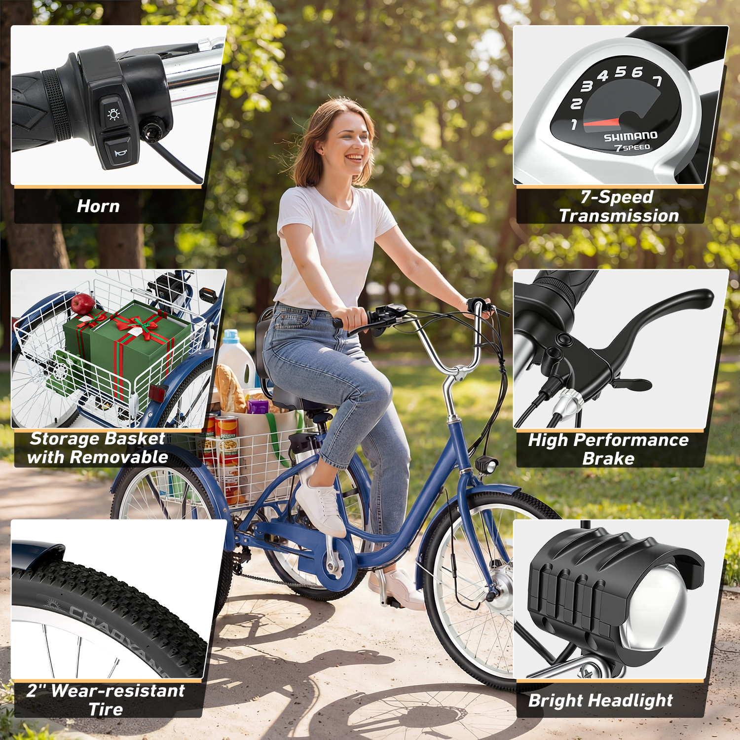 HOMREST Electric Trike for Adults,Peak 500W Brushless Motor, E-Trike with 24" x 2" Tires, Removable Battery, Charger,Step-Thru 3-Wheel Electric Bicycle, Up to 55 Miles Range, 15.5MPH+ Speed, Navy Blue