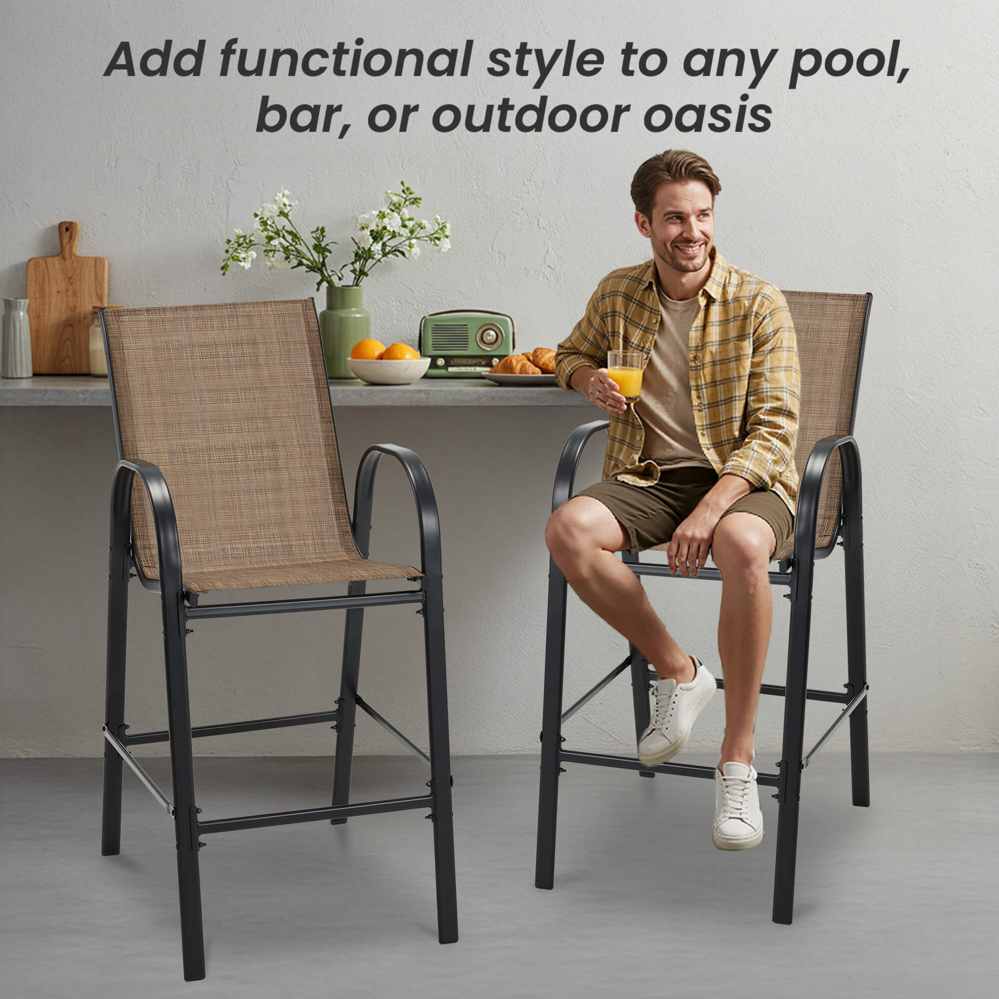 HOMREST Outdoor Bar Height Stools Set of 6, High Back Patio Chairs with Armrests,Textilene Chairs with Breathable Fabric & Metal Frame, Brown