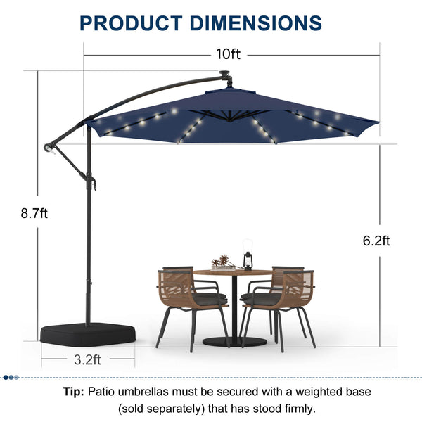 Homrest 10ft Solar Lighted Patio Umbrella with Base, Outdoor Cantilever Umbrella, Infinite Tilt, Navy Blue