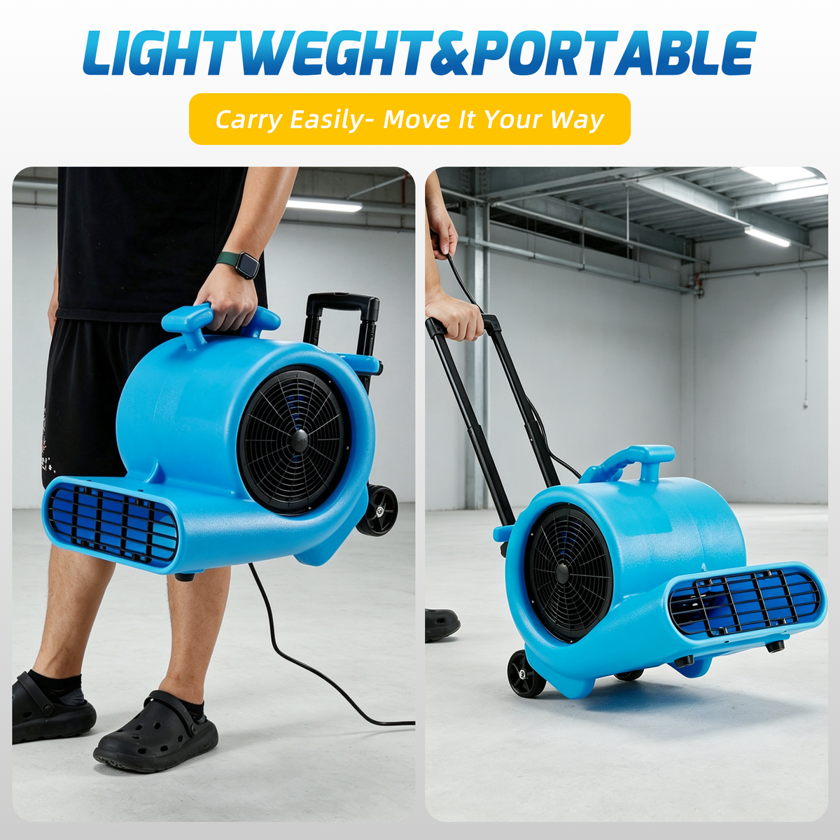 HOMREST 1 HP Air Mover, 4000 CFM Carpet Dryer & Floor Blower, 3-Speed Commercial Fan with 3 Adjustable Angles, Handle & Wheels, 15 Ft Power Cord, Stackable