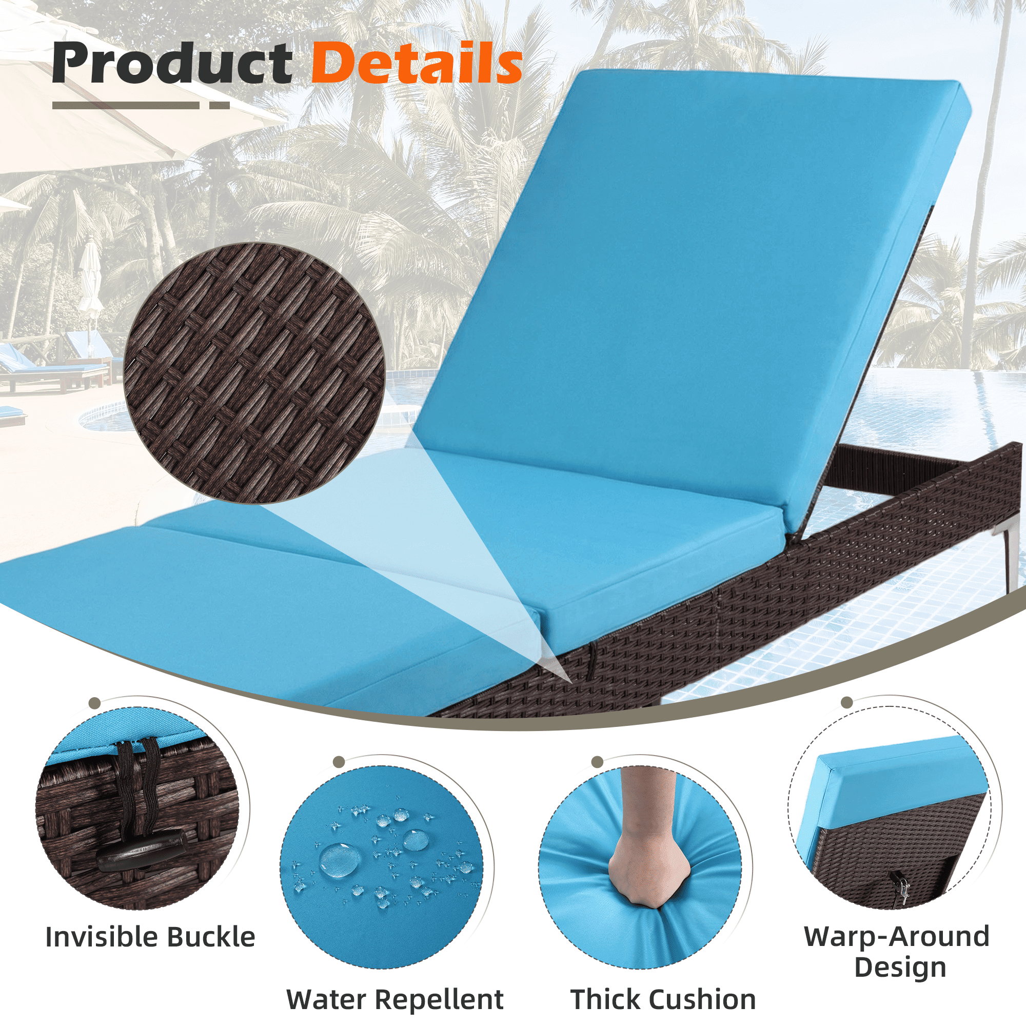Homrest 2PCS Patio Rattan Chaise Lounge Chair Outdoor Wicker Recliner Thickened Cushion Stepless Adjustable with Gas Cylinder  (Blue)