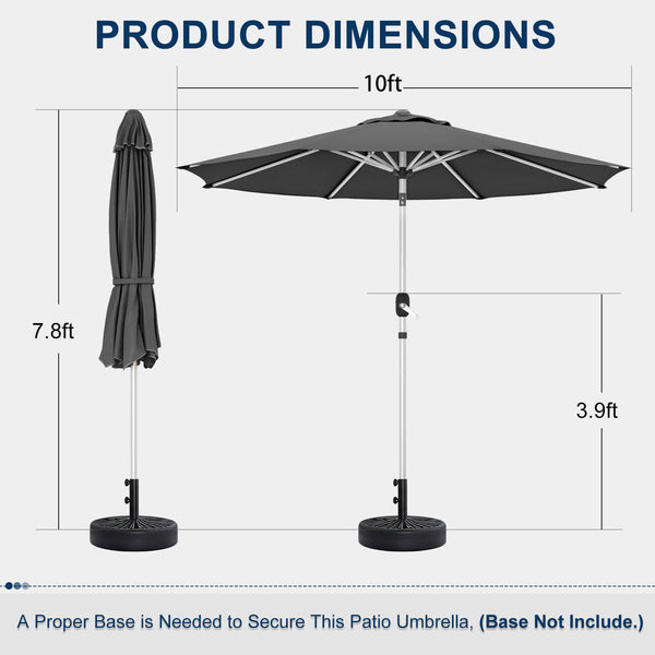 HOMREST 10FT Aluminum Outdoor Patio Umbrella with Push Button Tilt Function, Grey